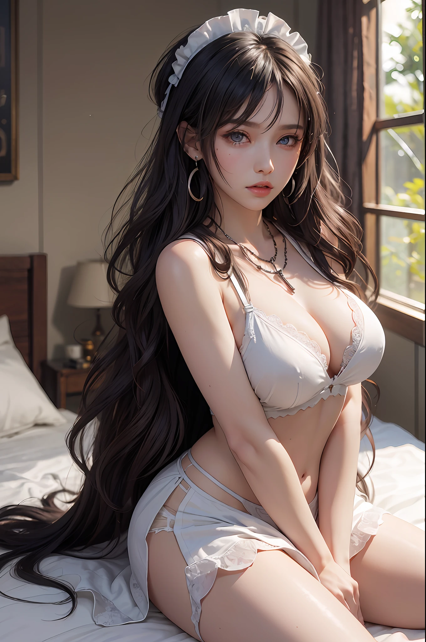 (masutepiece: 1.3), (max resolution: 1.2), (Ultra HDTV: 1.2), cinematric light, Detailed eyes and skin, detailed facial features, , 8K resolution, (Sharp Focus: 1.2, Perfect Style, Beautiful face, acurate, Anatomically correct, Highly detailed face and skin texture, Detailed eyes, Double eyelids, Thin eyebrows, Glitter Eyeliner: 1.2, Natural cheeks, Glossy skin, Fair skin: 1.2, shiny little necklace and earrings, (Glossy lips: 1.4), (maid clothes:1.2)、 (Shy look: 1.2),Neat and clean woman 、 (Focus on Face:1.2), (upturned breasts),), Highly detailed facial and skin texture, Detailed eyes, Double eyelids, Natural cheeks, Green-gray eyes,Rosary Necklace、 shiny small earrings, shiny lips: 1.4,Exposed cleavage、(A large amount of sperm in the chest:1.4)(Large amount of sperm in the thighs:1.2)、red blush、Tears are embarrassing、White underwear、White bra、Open knees、open one's legs、Masturbation behavior、Disheveled clothes、Dressing、Exposed panties、Wearing sweat、sodden、Sheer underwear、humiliated、impatience、dismay、Frightened、glares、blue eyes、Full-body angle of view、from the front side、red blush、 18 instars, (maid clothes:1.4)、Black brown hair,Wavy Hair、 Semi-long hair, (at bedroom: 1.2), (She is sitting on the floor:1.2.),Sunset、
