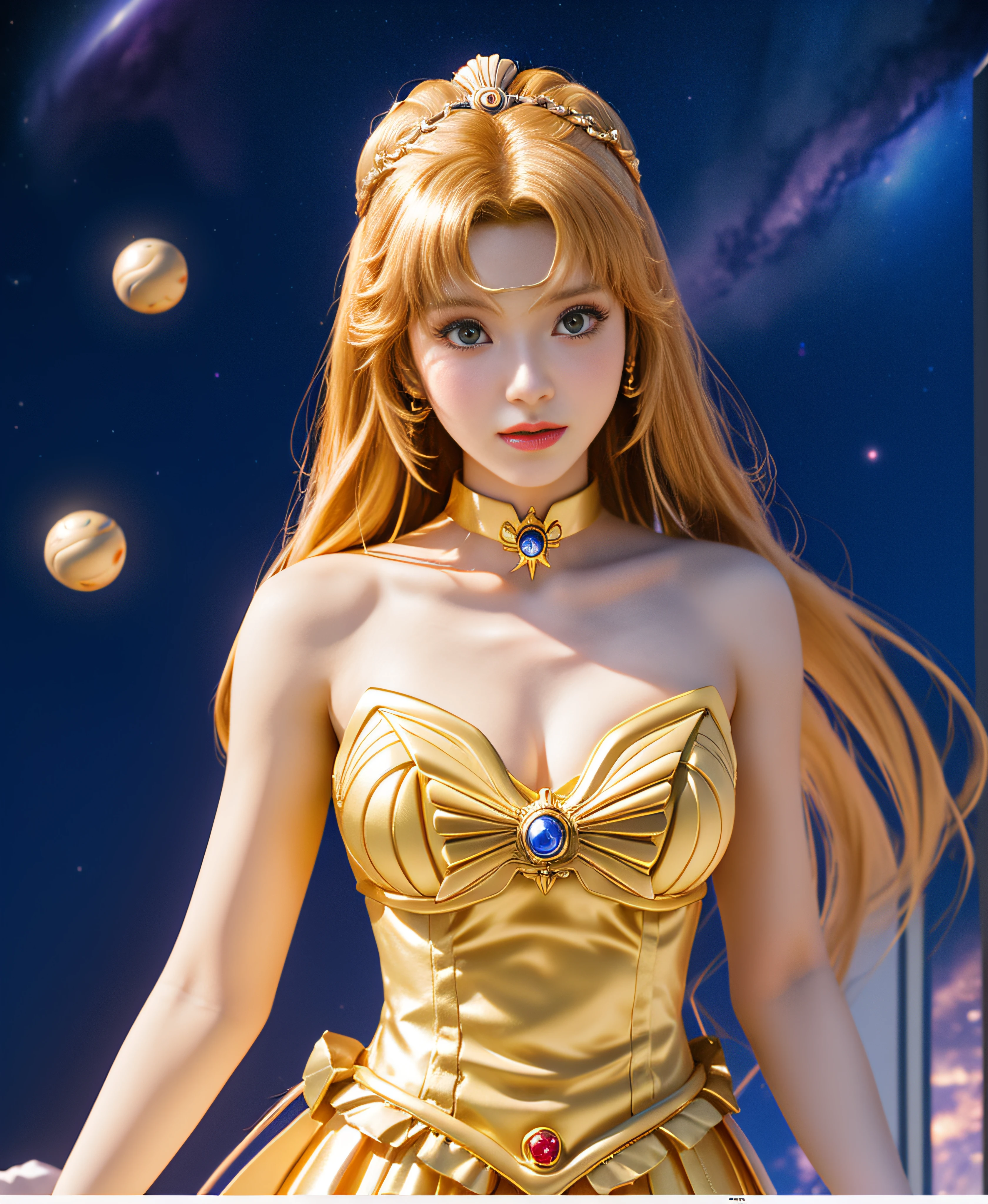 There was a woman in a dress standing in the air, the sailor galaxia. Beautiful, trending on cgstation, a beautiful fantasy empress, Anime goddess, Realistic anime 3 D style, Smooth anime CG art, Portrait Chevaliers du Zodiaque Fille, Art germ ; 3d unreal engine, trending at cgstation, kda, anime styled 3d