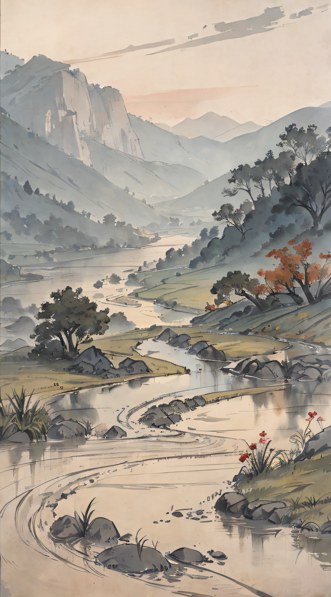 "(picture quality is high+1.5)ricefield，rice，k hd，Chinese rice paddies，Traditional Chinese watercolor，Traditional Chinese painting，China ink painting，peaceful scenery。"