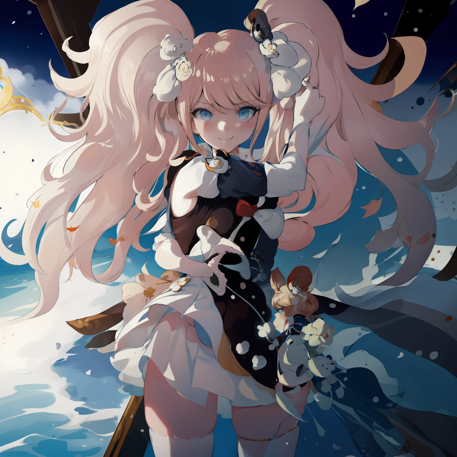 lumine_genshin_impack, Junko Enoshima, 1girl, breasts, detached_sleeves, flower, upper_body, hair_flower, hair_ornament, long_sleeves, medium_breasts,  solo, standing,white_dress, white_flower, white_legwear,
 smile, blush,
outdoors,blue sky,  temple, looking at viewer, mountain,