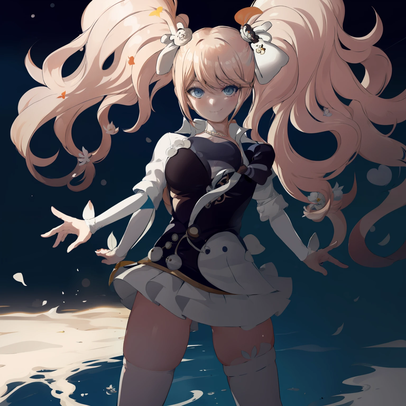 lumine_genshin_impack, Junko Enoshima, 1girl, breasts, detached_sleeves, flower, upper_body, hair_flower, hair_ornament, long_sleeves, medium_breasts,  solo, standing,white_dress, white_flower, white_legwear,
 smile, blush,
outdoors,blue sky,  temple, looking at viewer, mountain,