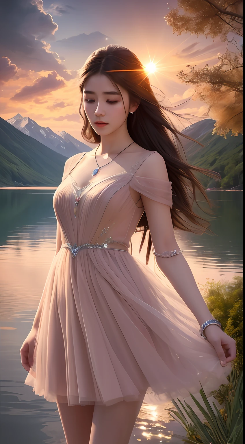 Best quality,Masterpiece,ultra-detailed high res,(Photorealistic:1.4),RAW photo,,illustration,1 girl, Serene expression, mesmerizing eyes, straight long hair, floating dress, poised posture, Porcelain skin, Subtle blush, crystal pendant BREAK, prime time, (rim lit):1.2, Warm tones, Sun flare, Soft shadows, Vibrant colors, painterly effect, dreamy atmosphere scenic lake, Distant mountains, willowy, Calm water, Reflection, Sunlit clouds, tranquil ambiance, Idyllic sunsets, Ultra detailed, offcial art, Unity 8k wallpaper,