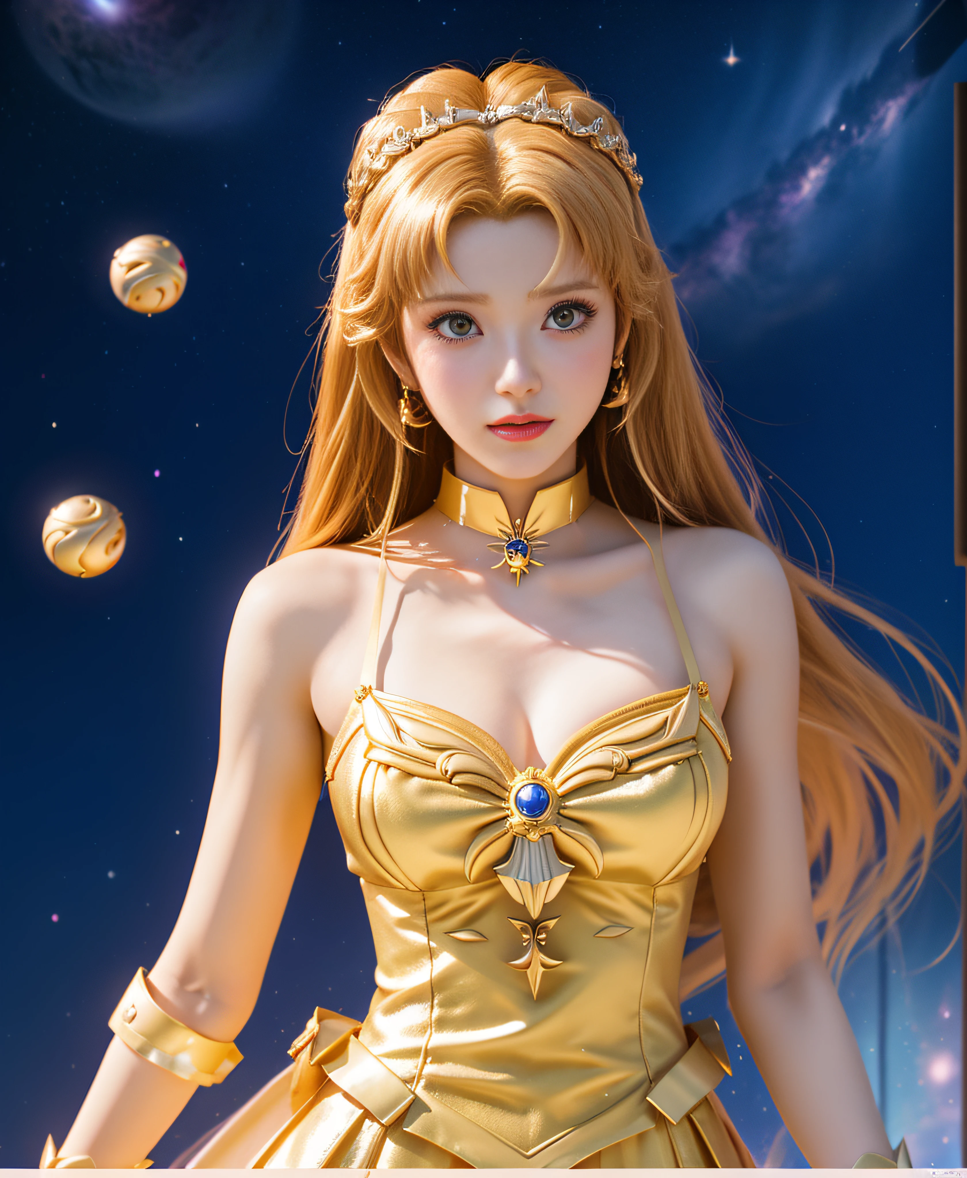 There was a woman in a dress standing in the air, the sailor galaxia. Beautiful, trending on cgstation, a beautiful fantasy empress, Anime goddess, Realistic anime 3 D style, Smooth anime CG art, Portrait Chevaliers du Zodiaque Fille, Art germ ; 3d unreal engine, trending at cgstation, kda, anime styled 3d