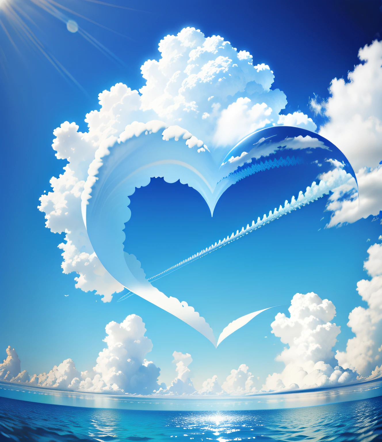 Below is the sea,Above is the blue sky,Blue skies account for a large part,A cloud that looks like a heart,4k,High Picture Quality,Realistic style,Taken by camera