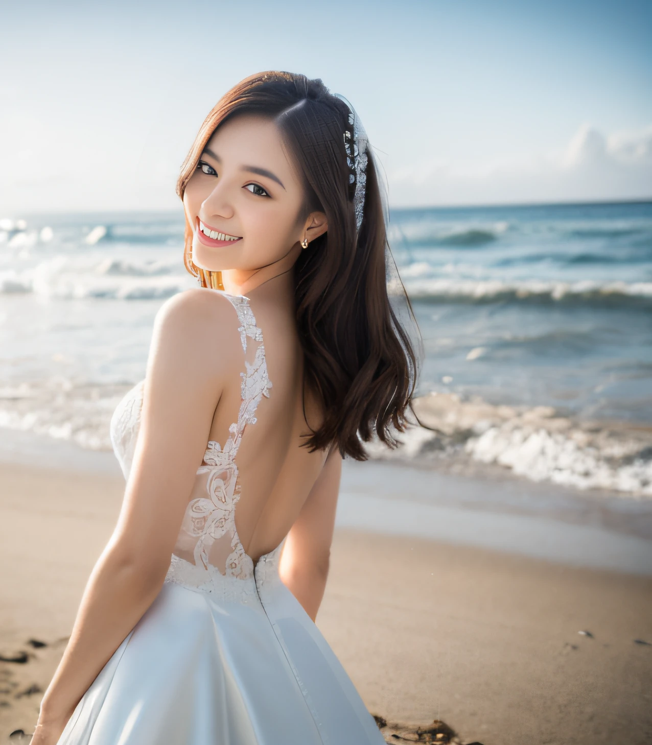 (realistic, photo-realistic:1.37), (masterpiece, best quality:1.2), (ultra high res:1.2), (RAW photo:1.2), (sharp focus:1.3), (face focus:1.2), (Extremely detailed CG unity 8k wallpaper:1.2), (beautiful skin: 1.2), (pale skin:1.3), (hyper-sharp focus: 1.5), (ultra-sharp focu:1.5), (beautiful clean face:1.3), (ultra-detailed background, detailed background:1.3), bokeh, depth of field, BREAK, Photo of extremely cute and beautiful Japanese woman, (bride), professionattire, (22yo:1.1), light smiling girl portrait, full body image, When viewed from the front, the composition is symmetrical, (studio lighting:1.3), (cinematic light:1.3), (back light:1.3), (face light:1.3), lighting full-covered her whole body, looking straight at you, standing, sexy model pose, BREAK, (chestnut half-up hair:1.2), dark brown eyes, beautiful eyes, princess eyes, mahogany hair, single hair, bangs, slender, abs, (huge breast;1.35), (narrow waist:1.15), (detailed beautiful girl:1.4), (pure-white luxury satin wedding dress:1.3), (Bali island ocean view background:1.2), (light smile, smile, happy:1.3), ((perfect female body)), (upper body image:1.3), frame the head, perfect dramatic, volumetric lighting, professional majestic oil painting, shiny skin, ct anatomy, perfect proportion, 8.5 life size, face focus, ultrarealistic photo, hyper-sharp image, hyper detailed image, Bali island, ocean view, beach, outdoor, walking beach,