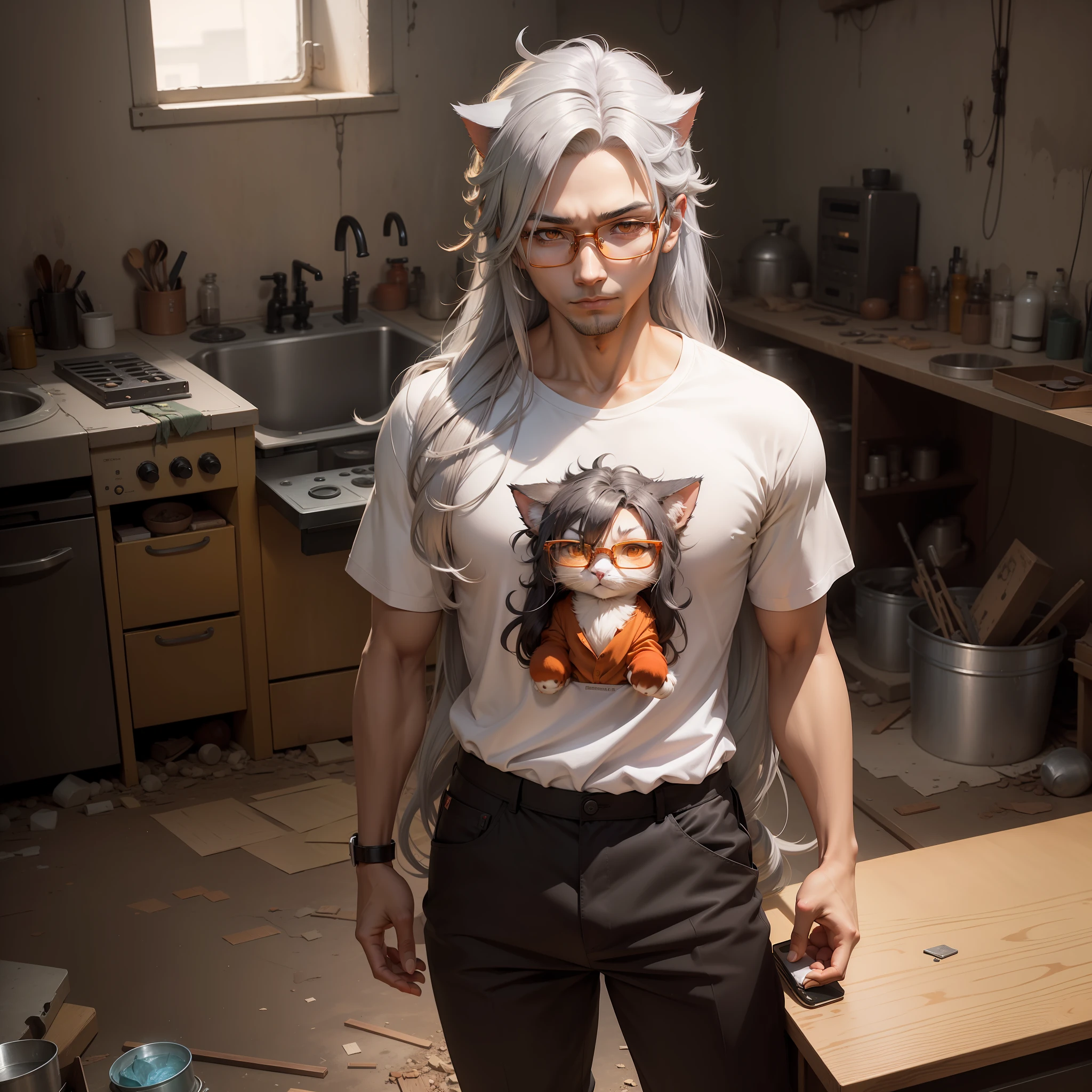 Anime style, Humanization of Shredengir the cat, wearing a shirt, glasses and long hair the color of silver, eyes orange like a cat, (In the background is a dilapidated laboratory)