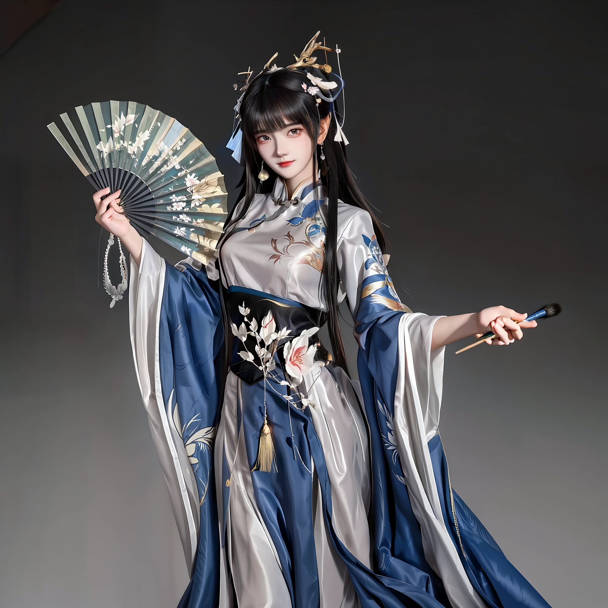 Ancient beauty，Dark blue and white cloth，, Holding a paper fan in his right hand, Hold a paintbrush in your left hand ，A girl in Hanfu, trending on cgstation, Inspired by Lan Ying, a beautiful fantasy empress, full-body xianxia, Inspired by Qiu Ying, inspired by Du Qiong, G Liulian art style, Inspired by Li Tang, Chinese clothing 32K Ultra HD, low-saturation, Beautiful woman in floral pattern dress, in the style of anime art, , Detailed facial features, Dream illustration style zbrush, UHD image, Feminine elegance, , anime artsyle, Organic and flowing forms, Free brush strokes, illustrated, in the style of artgerm, Long-sleeve tickets, Excellent quality, Action painter, amazing moment, vray, Unreal Engine5, cinmatic lighting, Particle, realistic PVC textures, 32K, cinematic photogtaphy, Apply vertically to the whole body, poster for, Light smile, bead necklace, Bokeh, Verism, Cinematic lighting, Ray tracing, reflective light, shadowing, Anatomically correct, Textured skin, Super detail, High details, High quality, Masterpiece, retinas, ccurate, Award-Awarded, Best quality, A high resolution