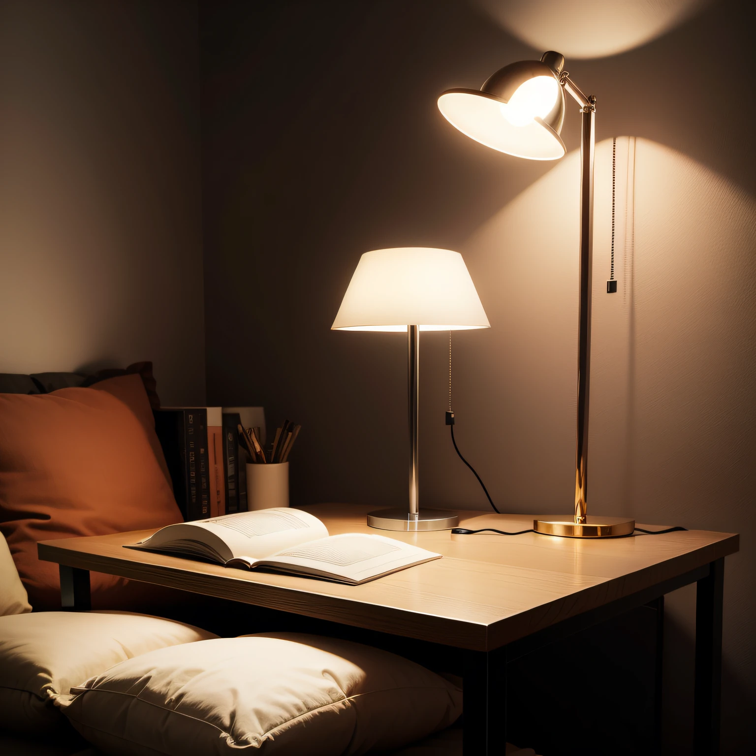 fotografia do produto,Comfortable table+Niculae metal table lamp Orren Ellis,Warm sense of atmosphere,high detal,g HD