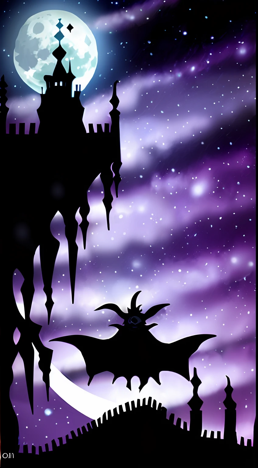(themoon，Black night，Fortress of fantasy)，violet sky，starrysky，As estrelas，starry god，pale-blue，civilization，Order，Dark creatures，Magical elements