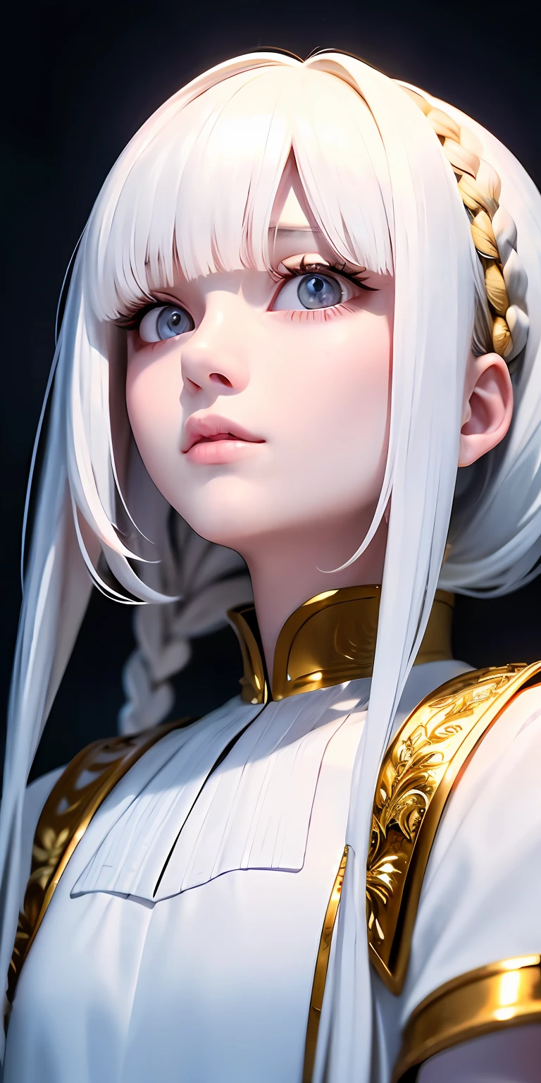 best quality, masterpiece,white hair, gold eyes,white clothes, looking up, upper body,hair strand,Fair skin,side braids