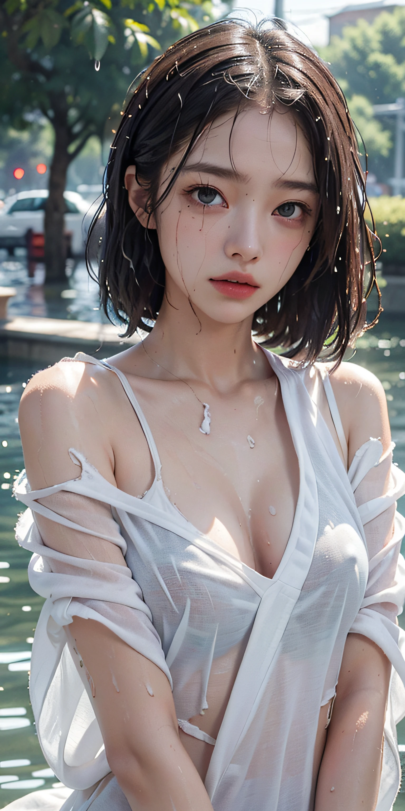 Super beautiful eyes、The highest image quality、​masterpiece、超A high resolution、(fidelity:1.4)、a picture、1 girl in、[(saddened)]、white  shirt、The dim、murky、despairing、Poor、film like、Tears、Tears、(ripped clothing:1.5)、(Wet clothes:1.4)、bare shoulders​、Real rain、wetting hair,..