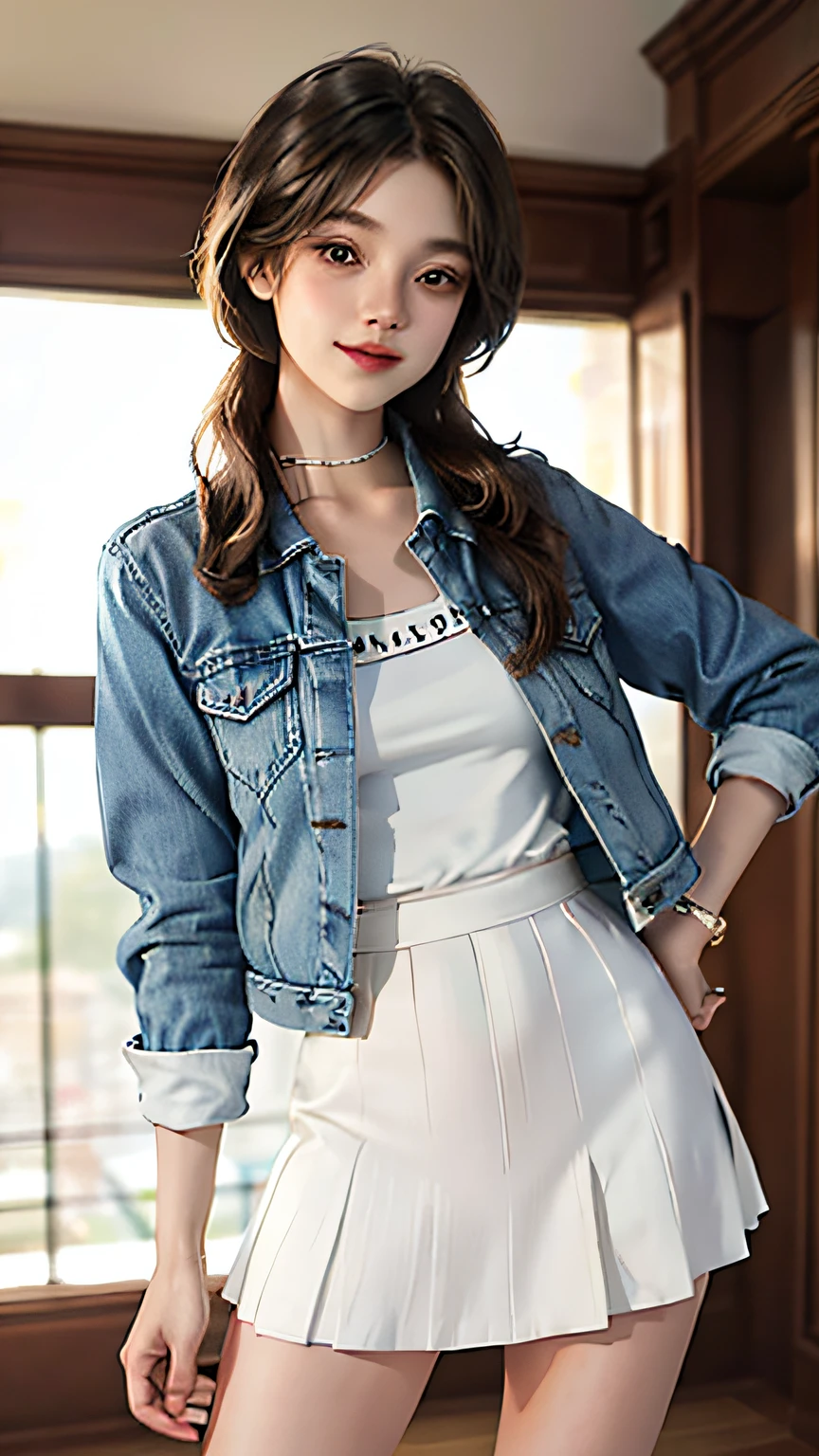 tmasterpiece,Best quality at best,1girll,long_hair,light smile,bluntbangs,looking at viewert,self-shot,cowboy lens,(shot_hair:2),(Cropped_denim_jacket:1.5),(A-line_skirt:1.4),(White_sneakers:1.3), (Realistis:1.5), cinematic photogtaphy,