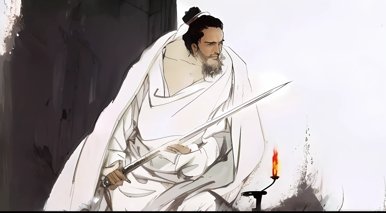 The man in white picked up the lamp to look at the sword