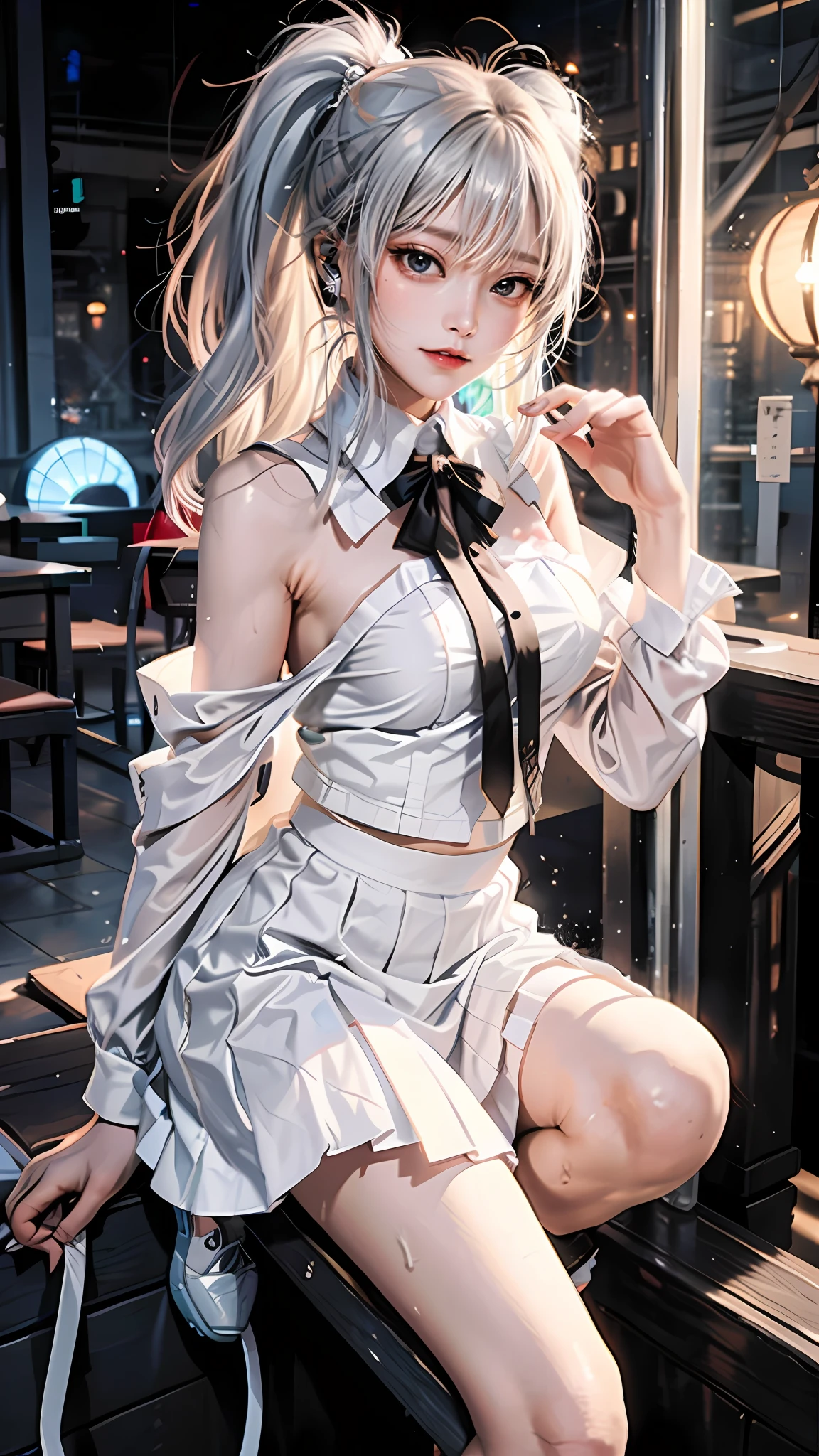 （Realiy：1.3），22 year old girl in front of the wooden house，Bare shoulders，dynamicposes，（（small heads））、full bodyesbian，Solo、ssmile，view the viewer,（perfect bodies：1.3）、Long white double ponytail hair、Collar、chain、sweat leggs、22-year-old girl、White JK uniform，White Japan school uniform，（wearing white outfit：1.6），white  shirt，（JK uniform white short skirt）、White heels，Lots of colored balls，Shoot from the ground up，Low angle shooting，（Exposing the skin of the legs，show legs，Long Calves，long leges：1.3）in a panoramic view，（Very detailed CG 8k wallpaper）、（Extremely delicate and beautiful），eyes with brightness、（tmasterpiece）、（best qualityer：1.0）、（超A high resolution：1.0)，Nice lighting，Reflective skin，[A high resolution]，The skin is delicate，Hyper-detailing（（a color）），Earphone，fox ear，fox tails，coloredballoons，