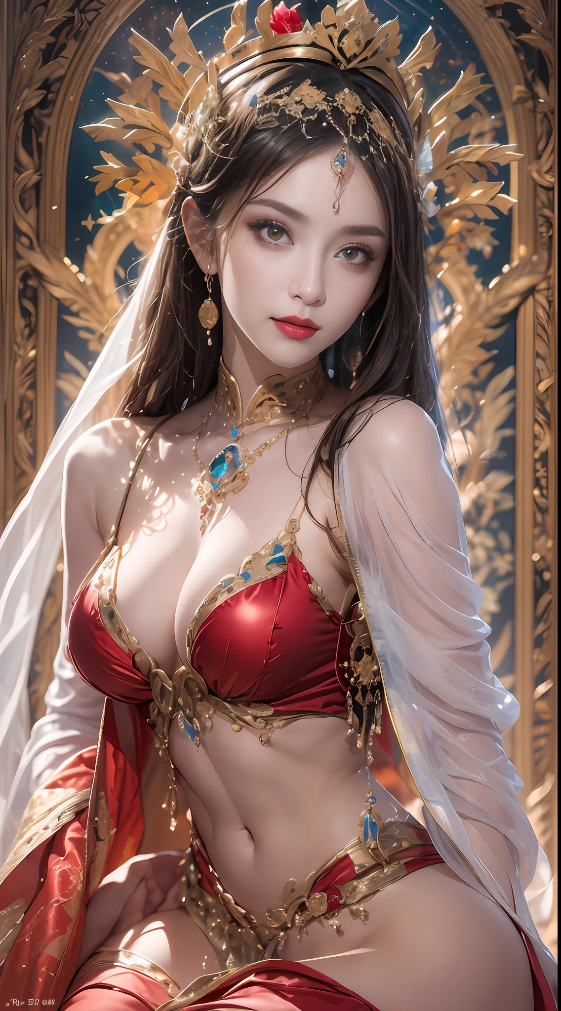 1 beautiful 27-year-old holy woman, naked on the chest, nude, beautiful face without blemishes, ((Natural smile:1.0)), ((flat bangs:1.2)), (((long hair): platinum:0.8))), big crown, hair brooch, hanfu skirt, fanciful hanfu style, full body jewelry, forehead tattoo, super even breasts, woman's face, face with fine makeup , pretty face, ((even porcelain teeth: 0.8), most beautiful and detailed light red lipstick, huge breasts, super round and balanced, ((Lips plump and thin: 0.3) )), ((Yellow eye color: 1,2), Detailed and delicate lighting effects, light and dark, light impression, magical light, detailed light, true color, super sharp , realistic, 8k quality, fantasy universe background, saintess and fanciful space, the most detailed image, ((Solo:0.3)), ((a saintess:0.6)) , ((look at). straight to the saint's upper body:0.4)), upper body, ((smooth skin:0.5)), ((herself's veil:1.2)), ((solo:1.3)), ((( girl alone :1.3)), saint portrait, short photo, Body portrait, (((open mouth:0.6))), Digital Realistic, ((fanciful red smoke effect:1.2)),