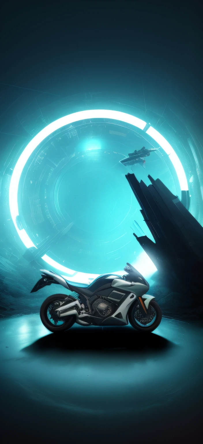 There was a motorcycle sitting in the water tunnel, cycles 3 d render, cycles4d render, cycle render, 4k solarpunk wallpaper, cycles render 4k, Drift in space, cryo engine, Futuristic motorcycle, portal in space, sitting on cyberpunk motorbike, majestic interstellar portal, aesthetic octane render, star citizen halo, 8k octane 3d render