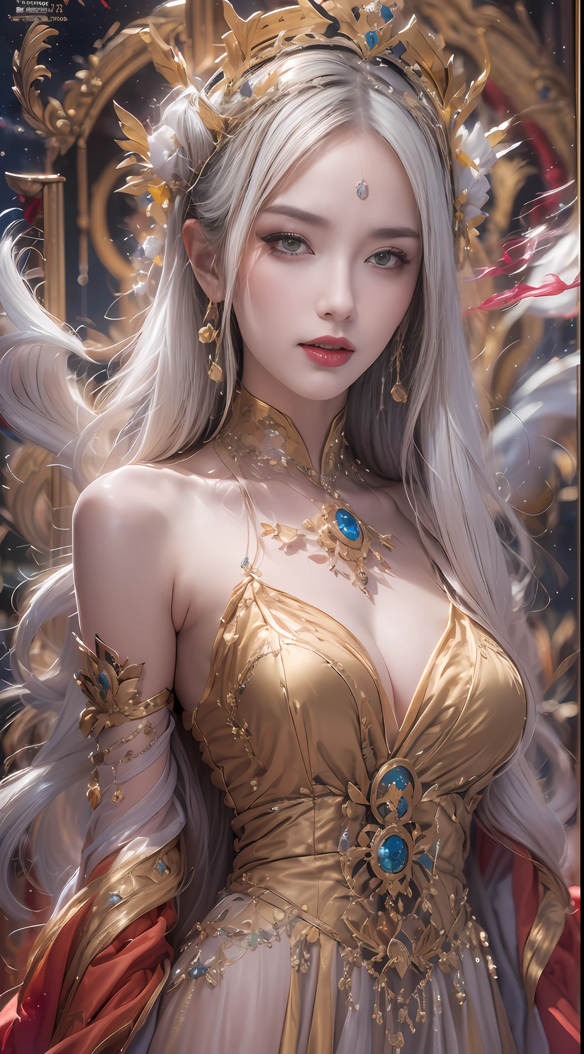 1 lustful beautiful saint, bare chest, beautiful face without blemishes, ((Natural smile:1.0)), ((flat bangs:1.2)), (((long hair): platinum :0.8 ))), big crown, hair brooch, hanfu dress, fanciful hanfu style, full body jewelry, forehead tattoo, super even chest, woman's face, delicate face makeup, mold pretty face, (((including porcelain teeth: 0.8), prettiest and details light red lipstick, huge breasts, super round and balanced, (((Full and thin lips: 0.3) )), ((Color) yellow eyes: 1,2), Detailed and delicate lighting effects, light and dark, light impression, magical light, detailed light, true color, super sharp, realistic, 8k quality, fanciful cosmic background, saintess and fantasy space, the most detailed image, ((Solo:0.3)), ((holy girl:0.6)), (( look at) straight to the saint's upper body female:0.4)), upper body, ((smooth skin:0.5)), ((solo:1.3)), ((( alone girl : 1.3)), saint portrait, short photo, Full portrait body, (((open mouth:0.6))),Digital Reality,((fanciful red smoke effect:1.2)),
