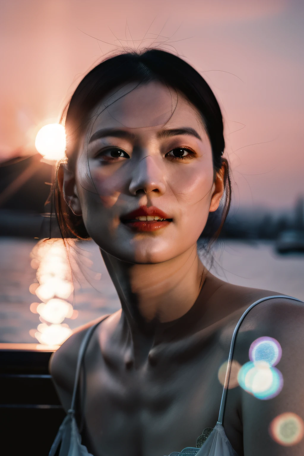 1girl，idoly，mannequin，depth of fields，a picture，cinematic ligh，the face，being thin，laughingly，鎖骨，teeth，cinematic ligh，camisole，self-shot，the setting sun，Middle-aged woman，Photorealistic portraits