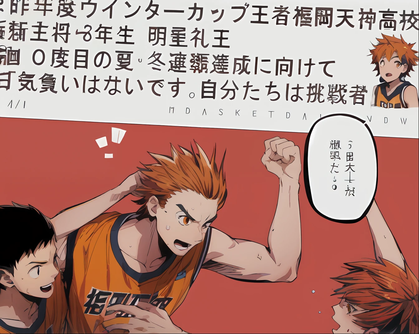 NEWS, a anime of a young boy, sweat, sweatdrop, orange eyes, orange hair color, open mouth, wearing basketball uniform, text bubble speech manga, color manga, manga color, color manga, color manga panel, simple background