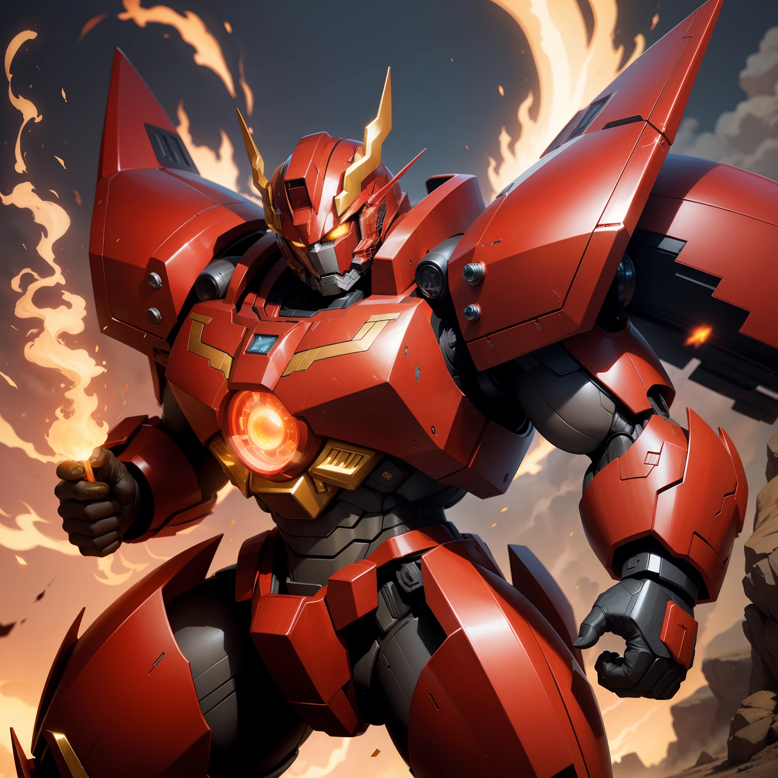 Giant super robot, Transfiguration from dragons, Red mixed with gold, Transformers style
