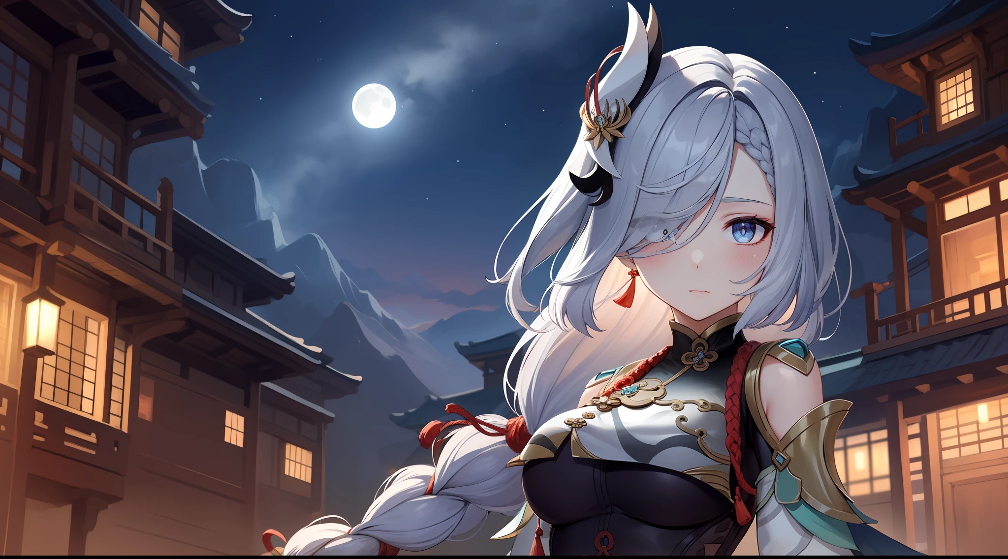 shenhedef, upper body, serious expression, blush, outdoors, night, liyue house background, dark moon sky, short hair, sky, beautiful nature surrounding near canyon, looking at viewer, mountain, moody lighting, (perfect detail eyes:1.2), glowing eyes, (long hair braid:1.2)