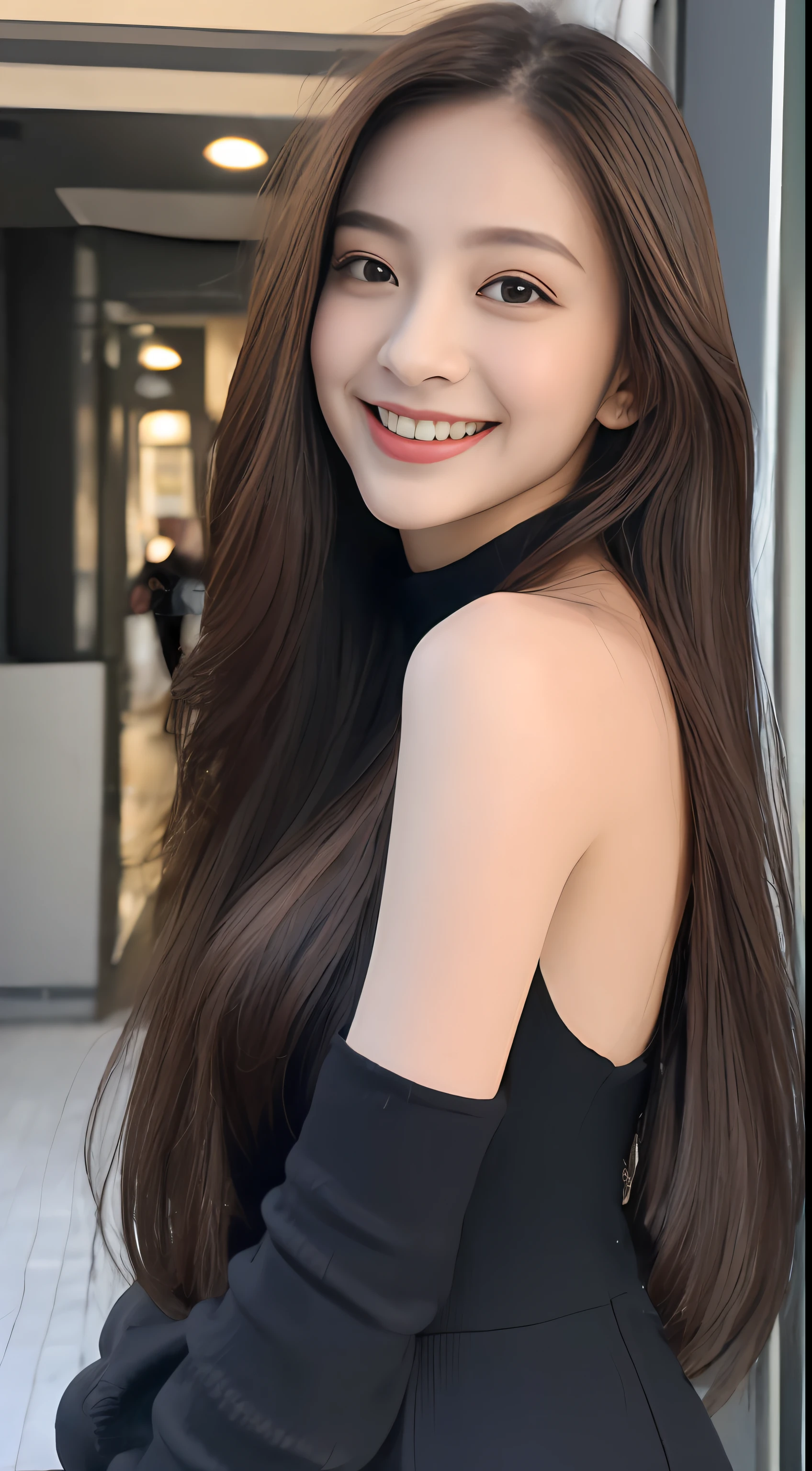 ((Best quality, 8k, Masterpiece :1.3)), 1girl, smiling, full body, slim face, Pretty woman, (Dark brown hair), full length dress :1.1, Ultra-detailed face, Detailed eyes, Double eyelid, blur background, slim face, city, outside, street,