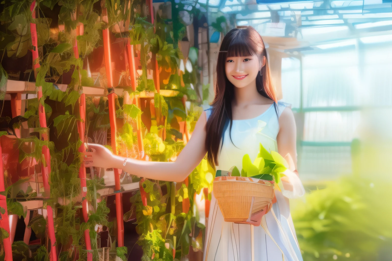 there is a woman holding a basket of plants in a greenhouse, confident holding vegetables, photoshot, with ivy, wearing a dress made of vines, a young asian woman, vietnamese woman, 🤬 🤮 💕 🎀, japanesse farmer, young asian woman, photoshoot, in garden, asian girl with long hair,1girl, aodai, photo art, (flower:1.2),a stunning photo with beautiful saturation, ultra high res,(realistic:1.4)),deep shadow,(best quality, masterpiece), pale skin, dimly lit, shade, flustered, blush, highly detailed, skinny, BREAK depth of field, film grain, wrinkled skin, looking at viewer, knee, warm smile, (full body:1.2), masterpiece,ultra realistic,32k,extremely detailed CG unity 8k wallpaper, best quality