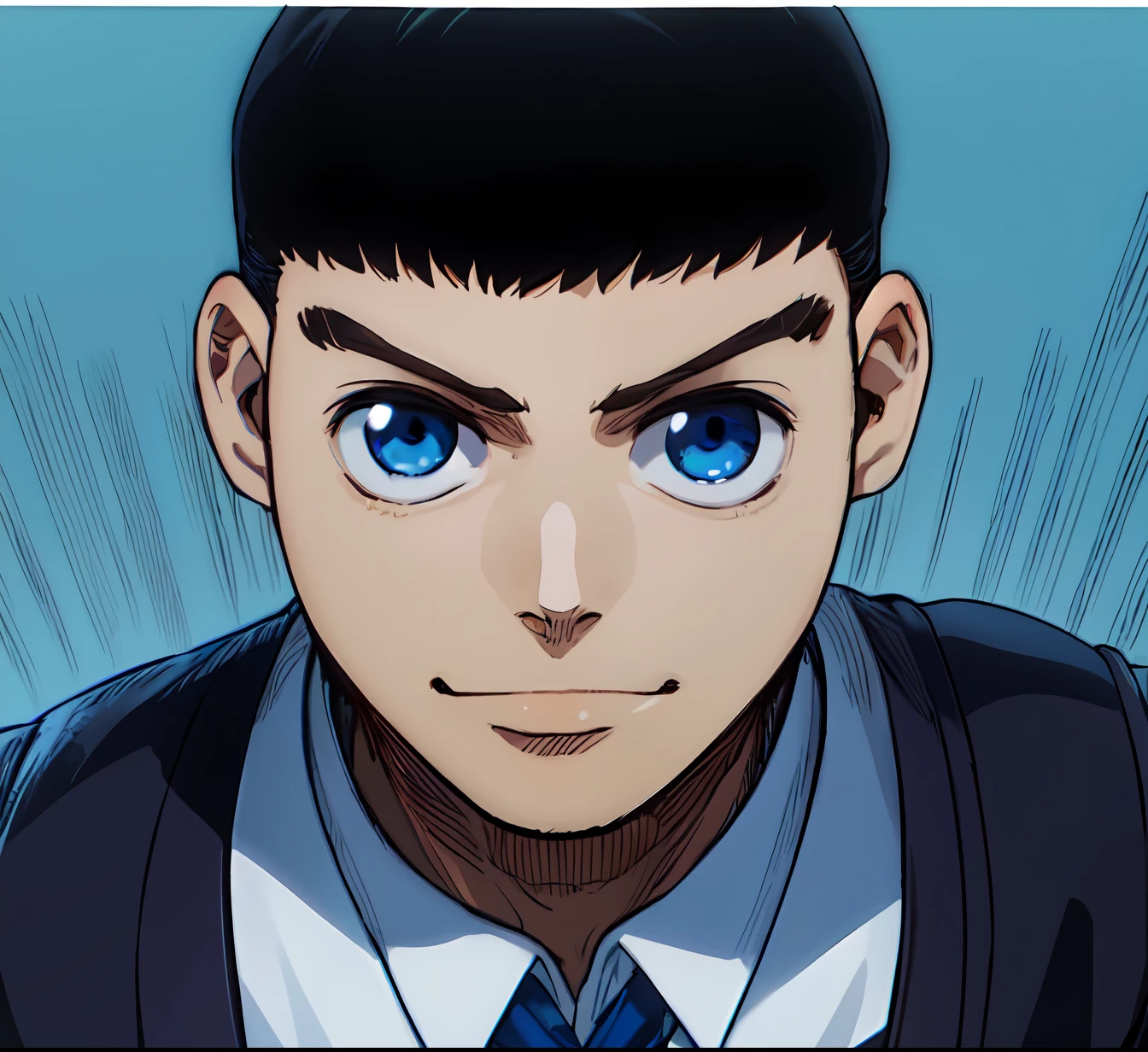 a anime of a young boy, white shirt, blue tie, blue suit, smile, close up, Caesar Cut hair, blue eyes, big round eyes, short hair, black hair color, text manga, color manga, manga color, color manga, color manga panel, simple background