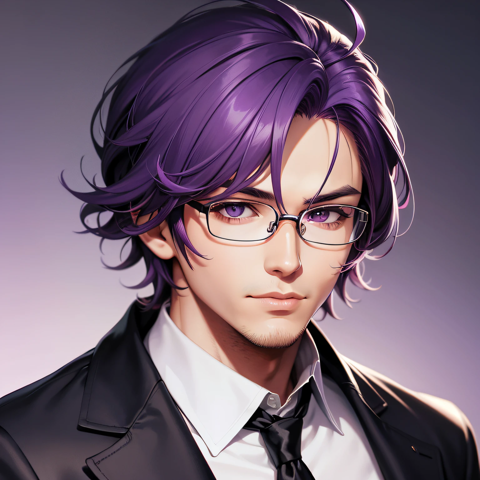 Close-up of a man with glasses and purple hair,High Quality Anime Art Style,anime vibes,a beautiful anime portrait,Artgerm style,8K beautiful male anime style,Purple middle fluffy hairstyle