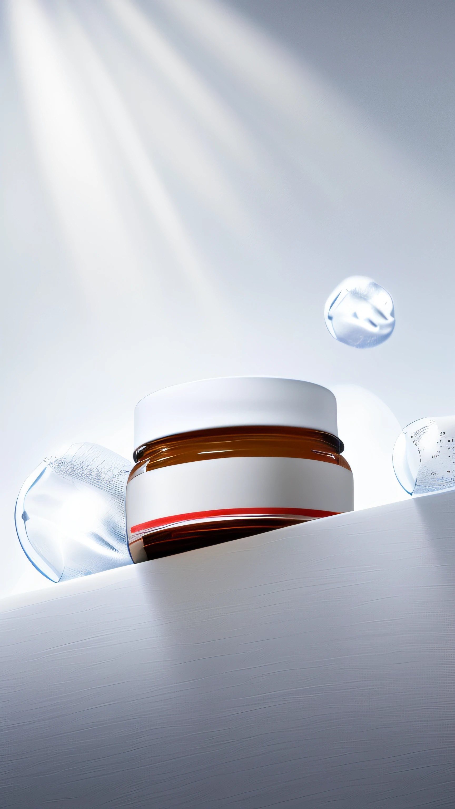 There is a jar of cream on the table,There are ice balls on it, high quality topical render, dramatic product lighting, dramatic product shot, dramatic product photography, beauty shot, photorealistic illustration, crisp smooth lines, detailed product photo, commercial product photography, new design, author:Dietmar Dammelau, close-up product photo, professional product shot, Skincare, 3 d product render