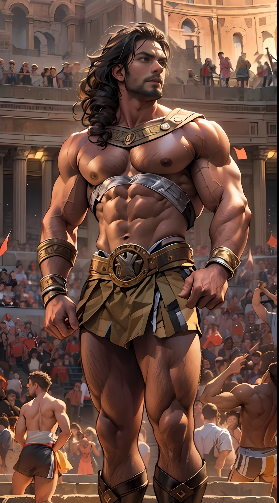 Mighty gladiator, upper torso exposed, legs unclothed from thighs to feet, flowing long curls, detailed muscular physique, lifelike depiction, 4K resolution. Background: Roman colosseum filled with cheering crowd.,32k uhd, best quality, masterpiece, super detail, high details