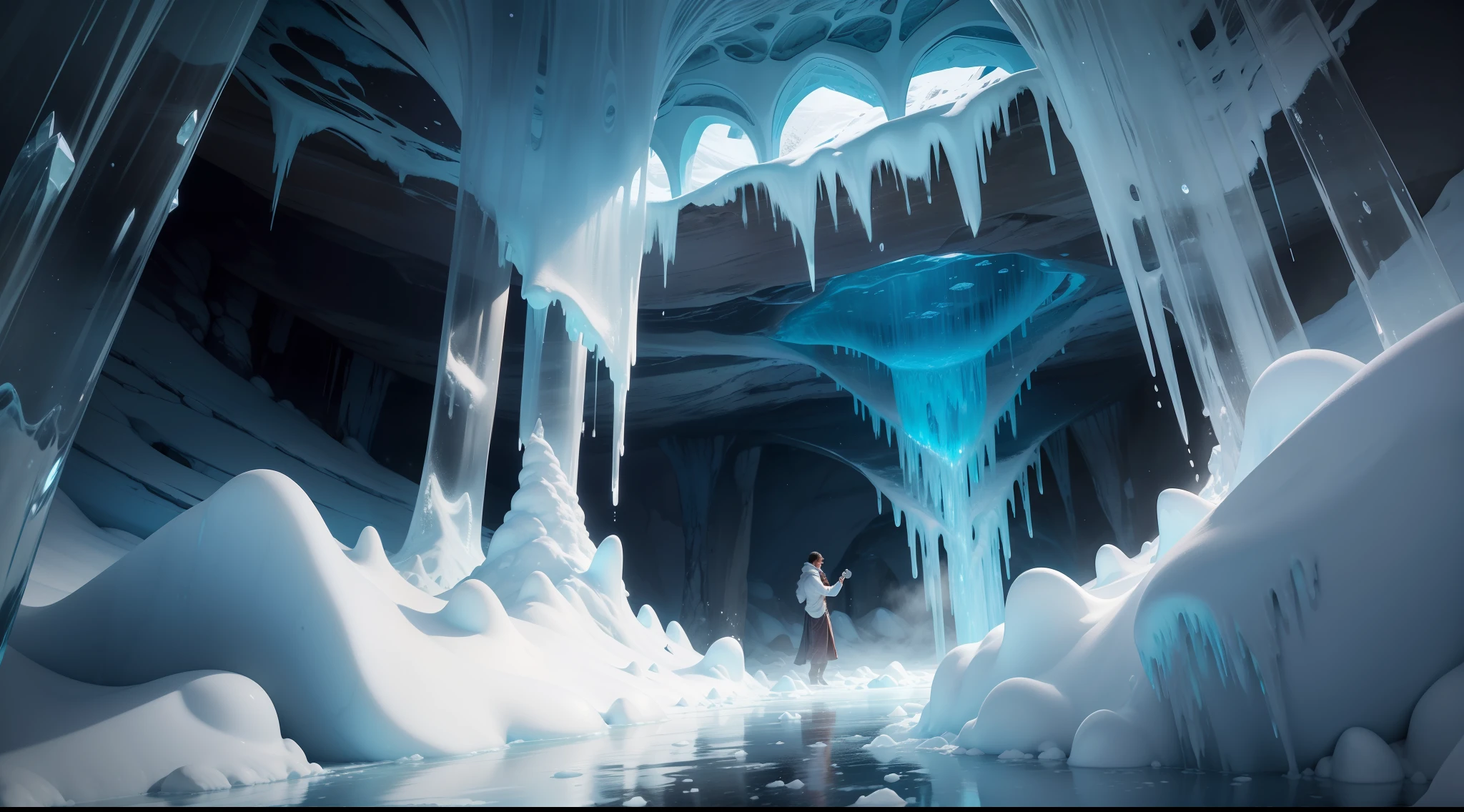 In the heart of a remote, frozen wilderness, hidden beneath a blanket of snow and ice, lies an awe-inspiring wonder - the Ice Cave of Solitude. A mesmerizing realm where nature's artistry takes center stage, casting an enchanting spell upon all who dare to venture within.

As you approach the entrance, towering icicles hang like glistening chandeliers, refracting sunlight into a dazzling display of blues and purples. The cave's mouth, framed by ancient, frost-covered boulders, beckons you forward with an alluring, icy embrace.

Stepping inside, a hushed serenity envelops you, as if time itself holds its breath in reverence of the wondrous sight. The walls are adorned with intricate ice formations, carved over millennia by the gradual dance of water and cold. Delicate stalactites hang from the ceiling, resembling crystalline daggers frozen in mid-fall.

The floor beneath your feet is a mosaic of polished ice, reflecting a myriad of colors from the ethereal light filtering through the cave's ceiling. Occasional cracks and crevasses reveal the tranquil stream that meanders through the icy labyrinth, creating a soft symphony of trickling water.

As you journey deeper into the heart of the cave, a breathtaking sight awaits you. A majestic ice waterfall, standing tall like a frozen monument, captures your attention. The water droplets from the cascading fall have been frozen in time, suspended in their journey as if caught by a master sculptor mid-motion.

In this icy sanctuary, you'll find a profound sense of peace and harmony with nature. The play of light and shadow, the soothing whispers of the frozen stream, and the sheer magnificence of the crystalline formations will leave you in awe. It is a sanctuary where time seems to slow, and you can momentarily forget the outside world, becoming one with the frozen wonders of this ethereal ice cave.