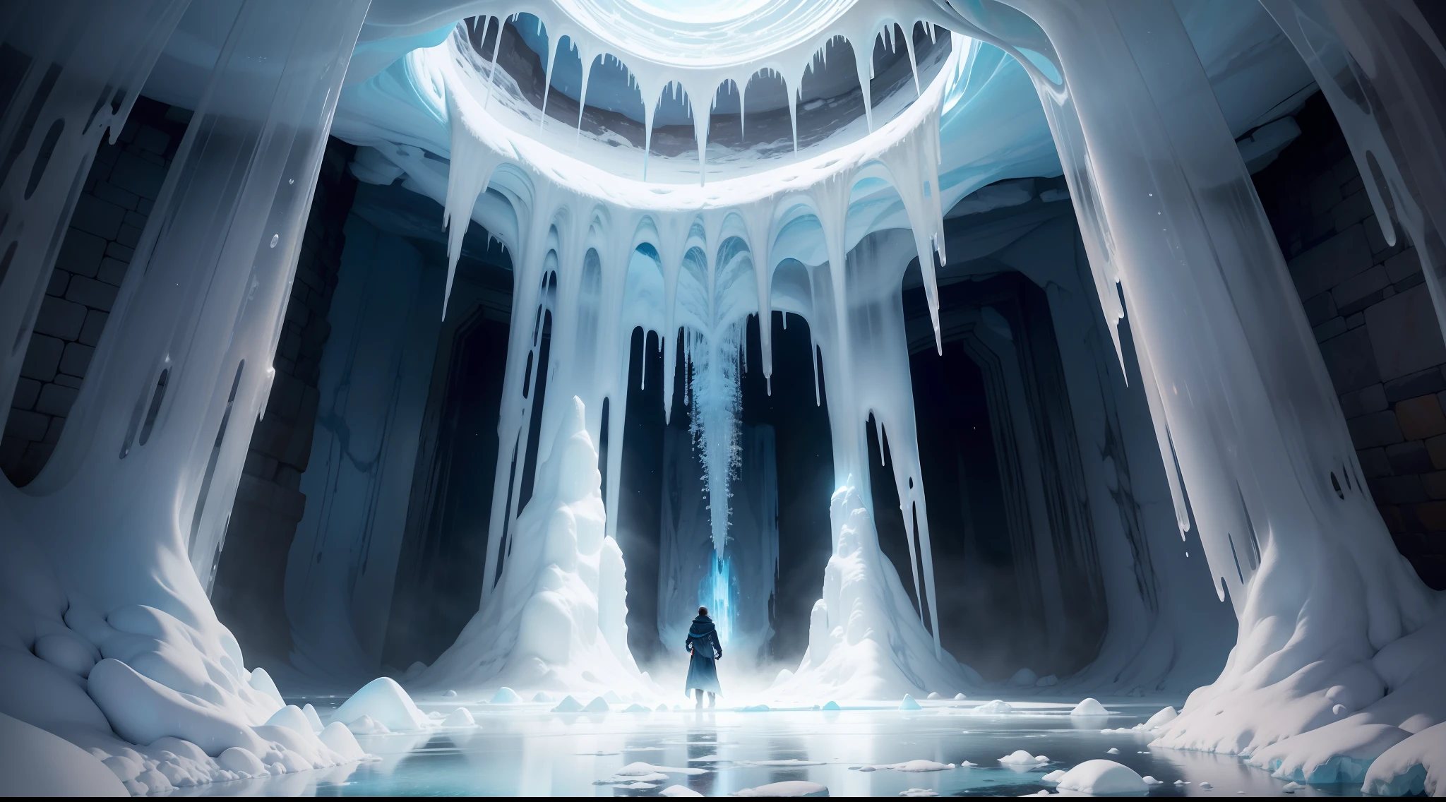 In the heart of a remote, frozen wilderness, hidden beneath a blanket of snow and ice, lies an awe-inspiring wonder - the Ice Cave of Solitude. A mesmerizing realm where nature's artistry takes center stage, casting an enchanting spell upon all who dare to venture within.

As you approach the entrance, towering icicles hang like glistening chandeliers, refracting sunlight into a dazzling display of blues and purples. The cave's mouth, framed by ancient, frost-covered boulders, beckons you forward with an alluring, icy embrace.

Stepping inside, a hushed serenity envelops you, as if time itself holds its breath in reverence of the wondrous sight. The walls are adorned with intricate ice formations, carved over millennia by the gradual dance of water and cold. Delicate stalactites hang from the ceiling, resembling crystalline daggers frozen in mid-fall.

The floor beneath your feet is a mosaic of polished ice, reflecting a myriad of colors from the ethereal light filtering through the cave's ceiling. Occasional cracks and crevasses reveal the tranquil stream that meanders through the icy labyrinth, creating a soft symphony of trickling water.

As you journey deeper into the heart of the cave, a breathtaking sight awaits you. A majestic ice waterfall, standing tall like a frozen monument, captures your attention. The water droplets from the cascading fall have been frozen in time, suspended in their journey as if caught by a master sculptor mid-motion.

In this icy sanctuary, you'll find a profound sense of peace and harmony with nature. The play of light and shadow, the soothing whispers of the frozen stream, and the sheer magnificence of the crystalline formations will leave you in awe. It is a sanctuary where time seems to slow, and you can momentarily forget the outside world, becoming one with the frozen wonders of this ethereal ice cave.