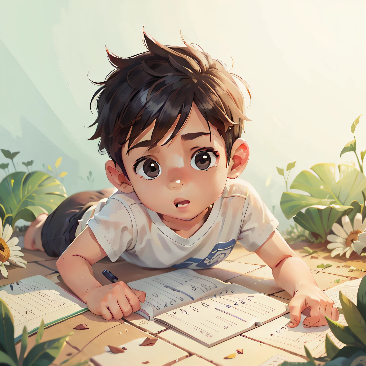 a boy lying on the ground, escrevendo em um caderno, fundo branco