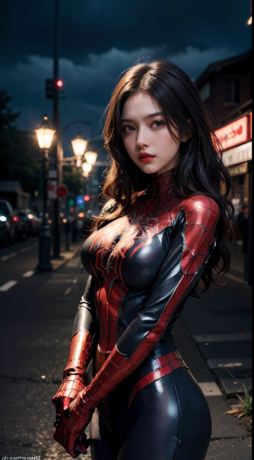 (wearing spiderwoman_cosplay_outfit:1.1), in front of a sky, 
good hand,4k, high-res, masterpiece, best quality, head:1.3,((Hasselblad photography)), finely detailed skin, sharp focus, (cinematic lighting), night, soft lighting, dynamic angle, [:(detailed face:1.2):0.2], medium breasts, outside,