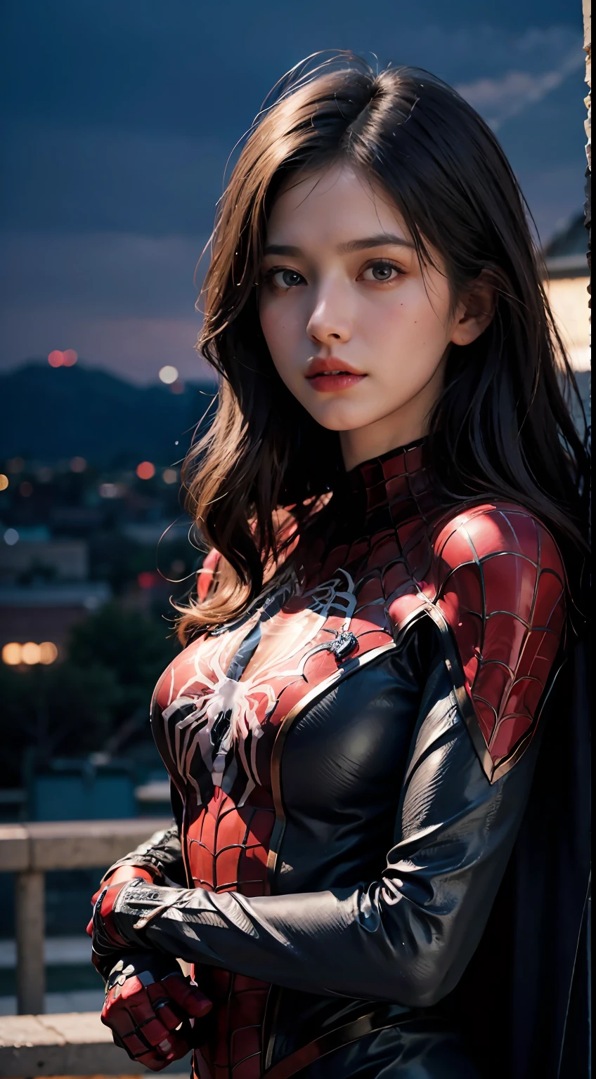 (wearing spiderwoman_cosplay_outfit:1.1), in front of a sky, 
good hand,4k, high-res, masterpiece, best quality, head:1.3,((Hasselblad photography)), finely detailed skin, sharp focus, (cinematic lighting), night, soft lighting, dynamic angle, [:(detailed face:1.2):0.2], medium breasts, outside,