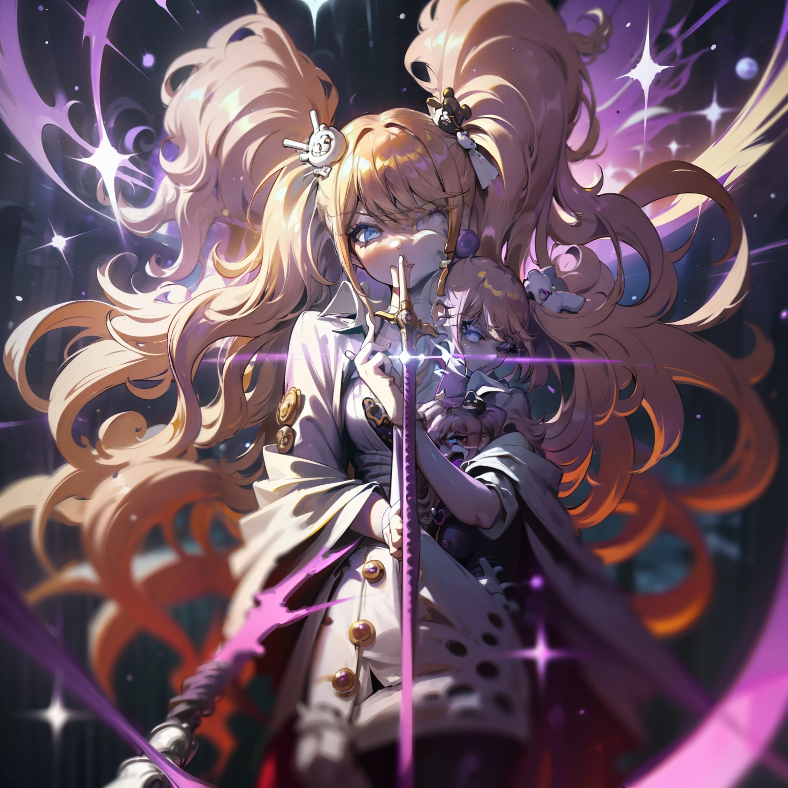 a mad angry Junko Enoshima, dark sorcerer, (white, purple and yellow) wildly long hair, dark fantasy, detailed (white, purple and yellow) cosmic robe, cosmic staff