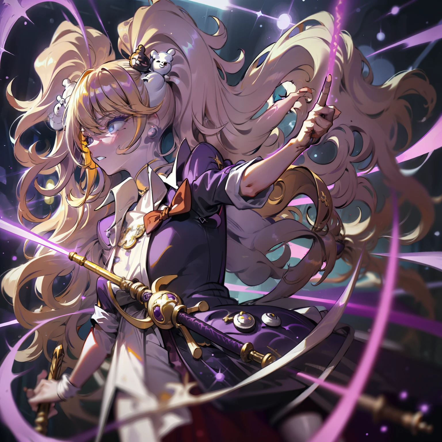 a mad angry Junko Enoshima, dark sorcerer, (white, purple and yellow) wildly long hair, dark fantasy, detailed (white, purple and yellow) cosmic robe, cosmic staff