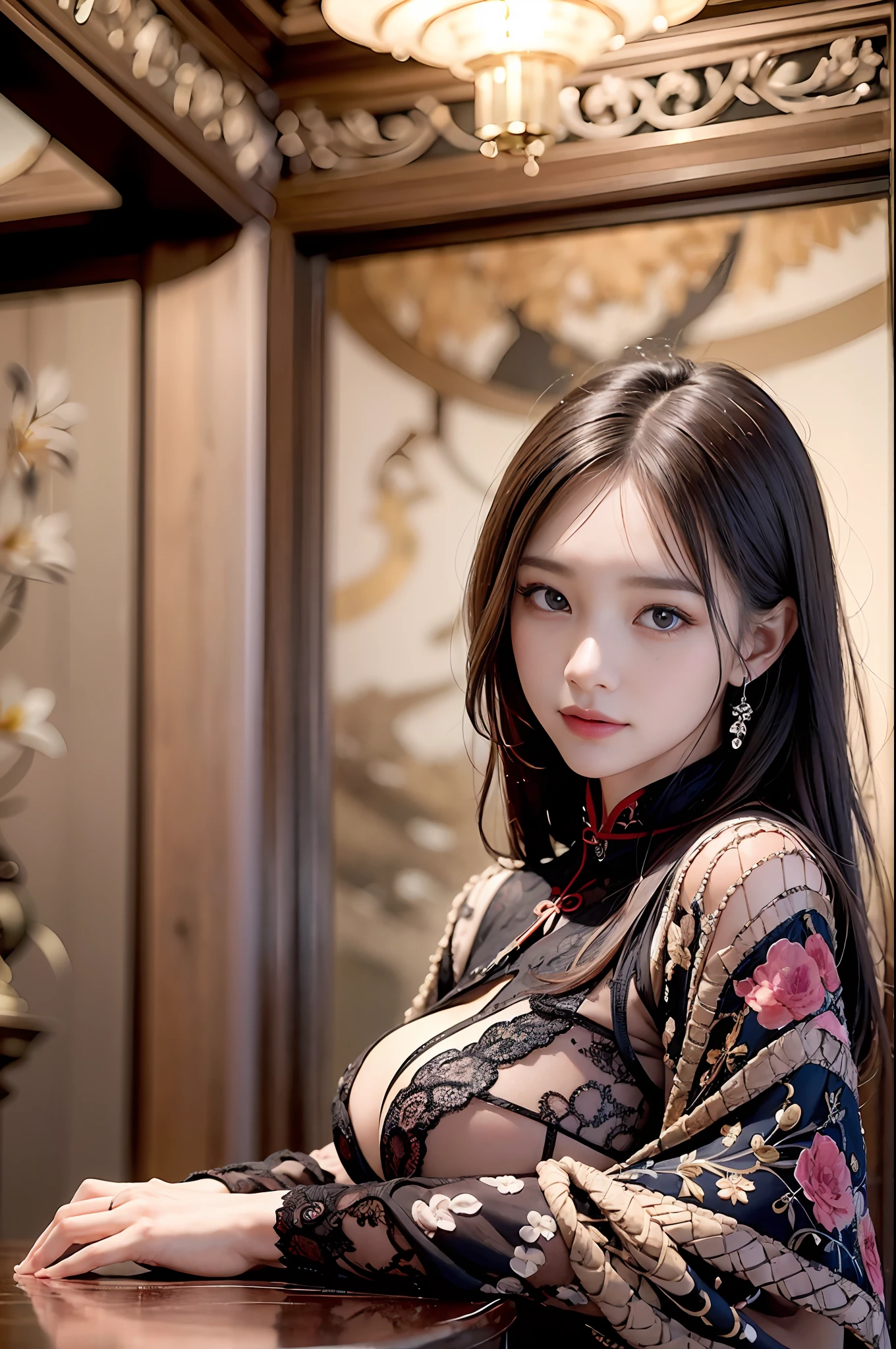 UHD, Masterpiece, High Quality, High Detail, Top Quality, Hi-Res, HD, 16k, 8k, 4K, Award-Winning BREAk, Surrealism, Realism, Depth of Field, Cinematic Lighting, Backlight, Symmetry, Bokeh, f/1.8, Eye Level Shot, 35mm, Hasselblad, Very Delicate and Beautiful, Very Detailed, Amazing, Fine Detail, Masterpiece, Best Quality, Official Art, Absurd, Incredibly ridiculous, Huge file size, Ultra detailed, High Definition, Very detailed, Beautiful detailed girl, (Cowboy Shot: 1.25), Break, Hair behind the ears, Happy tears, Flowing tears, (Serious smile: 1.35), Very detailed eyes and face, Beautiful detailed eyes, Face light, 18 years old, (Red luxury cheongsam: 1.3), (Fantasy themed clothes: 1.3), Detailed clothes, (black long straight hairstyle: 1.2), detailed hair, (slender: 1.15), (huge breasts: 1.25), perfect anatomy, perfect proportions, (Ancient Chinese room background: 1.25), detailed background, (looking at the viewer, facing the viewer: 1.15), (seductive model pose, spreading the legs, leaning forward, hands between the legs, from below, low angle: 1.25), ancient Chinese chamber light, holding a sword, holding a Japan sword, samurai, samurai,