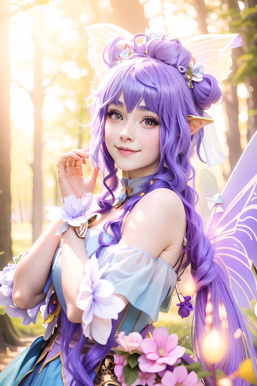 There is a woman with purple hair and fairy costume, fairy core, portrait of a fairy, cosplay foto, portrait of fairy, smiling as a queen of fairies, Ayaka cosplay, Fairy look, Anime cosplay, Shot on Canon EOS R 6, portrait of magical girl, Anime girl cosplay, faeries, Gorgeous Role Play, fairylike, ethereal fairytale