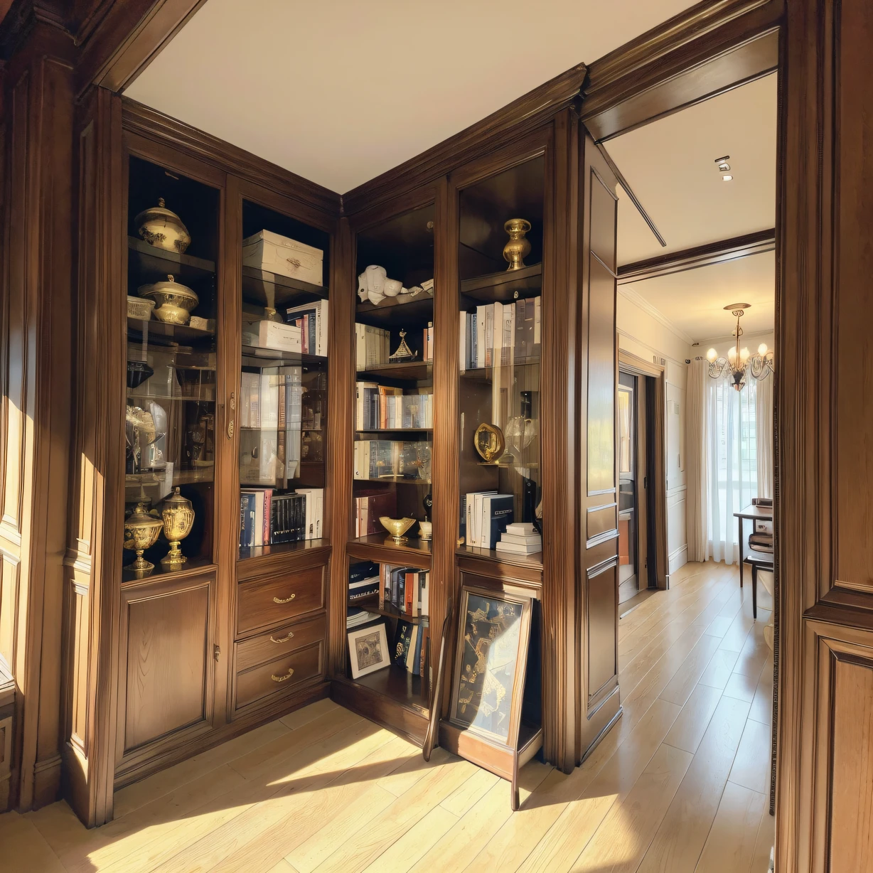 ,Masterpiece, Best quality,8K, 超高分辨率,Reallightandshadow,Enter the research,It's like traveling through a time tunnel,Come to the elegant aristocratic world。Oil painting hanging on the wall,The antique bookcases are filled with precious ancient books。Warm yellow light spills on the table,It's intoxicating。Immerse yourself in a book-like atmosphere,It is as if you can feel the weight of history and the flow of wisdom。It is a meditation of the mind,A paradise where you feel the power of knowledge。。(中景 the scene is)