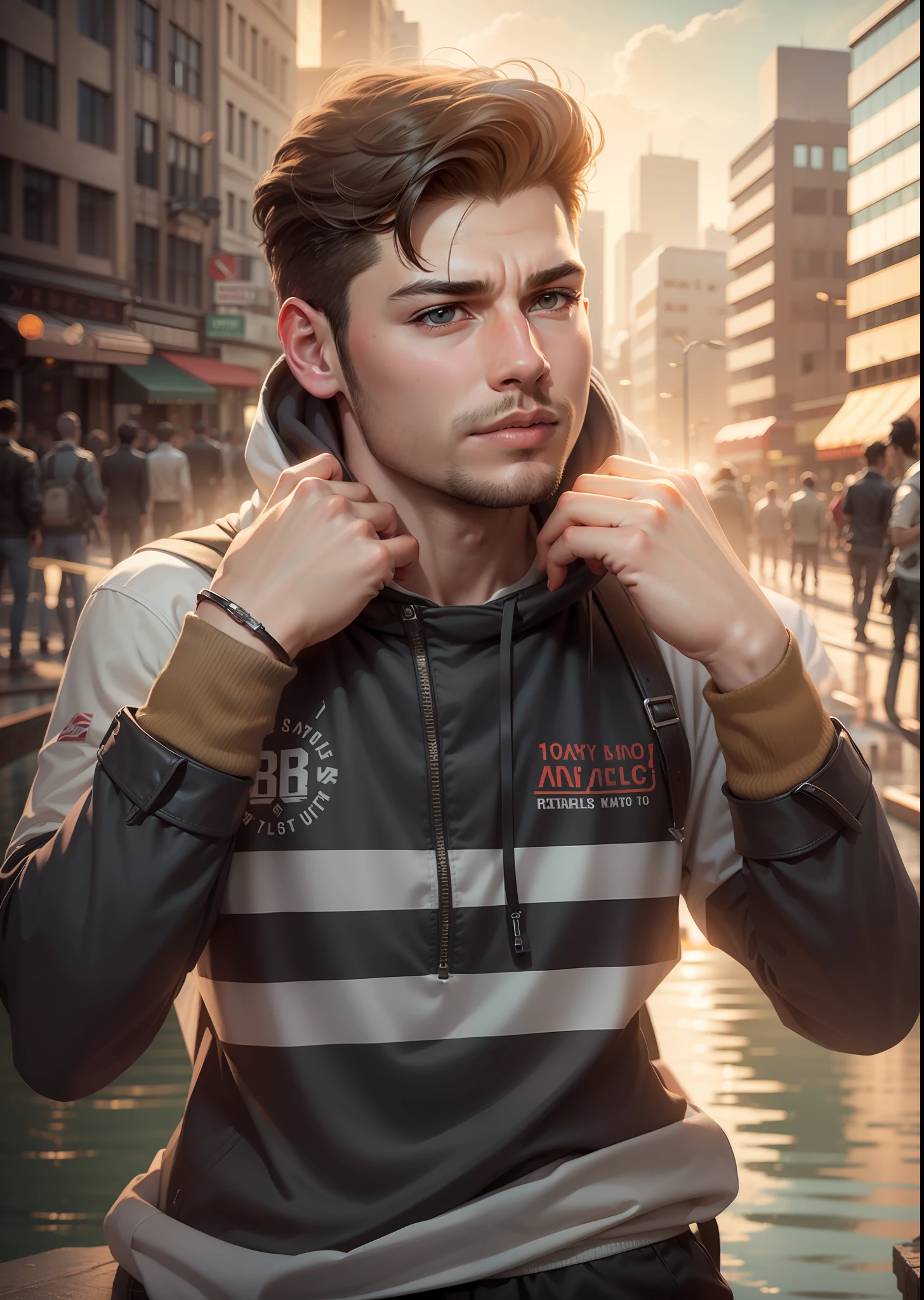 realistic face, boy, pose, city, 4k, river background