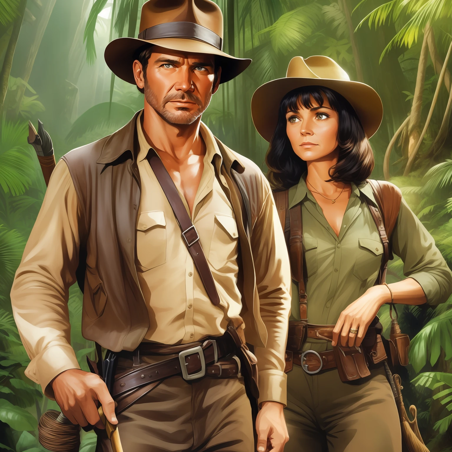 Indiana Jones, an attractive American man with stubble and Marion Ravenwood, an attractive American woman with shoulder-length dark hair, back to back brandishing their tools, with dense jungle, hidden temple, background: : poster of an adventure film, Western man and American women