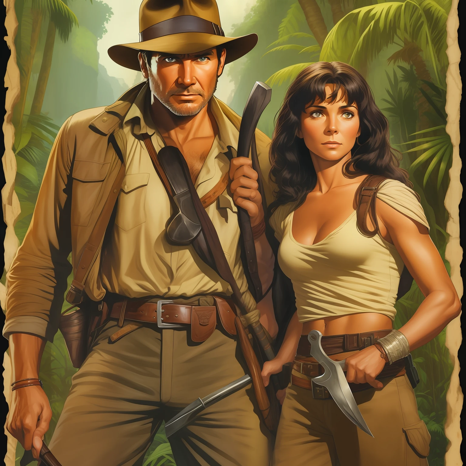 Indiana Jones, an attractive American man with stubble and Marion Ravenwood, an attractive American woman with shoulder-length dark hair, back to back brandishing their tools, with dense jungle, hidden temple, background: : poster of an adventure film, Western man and American women