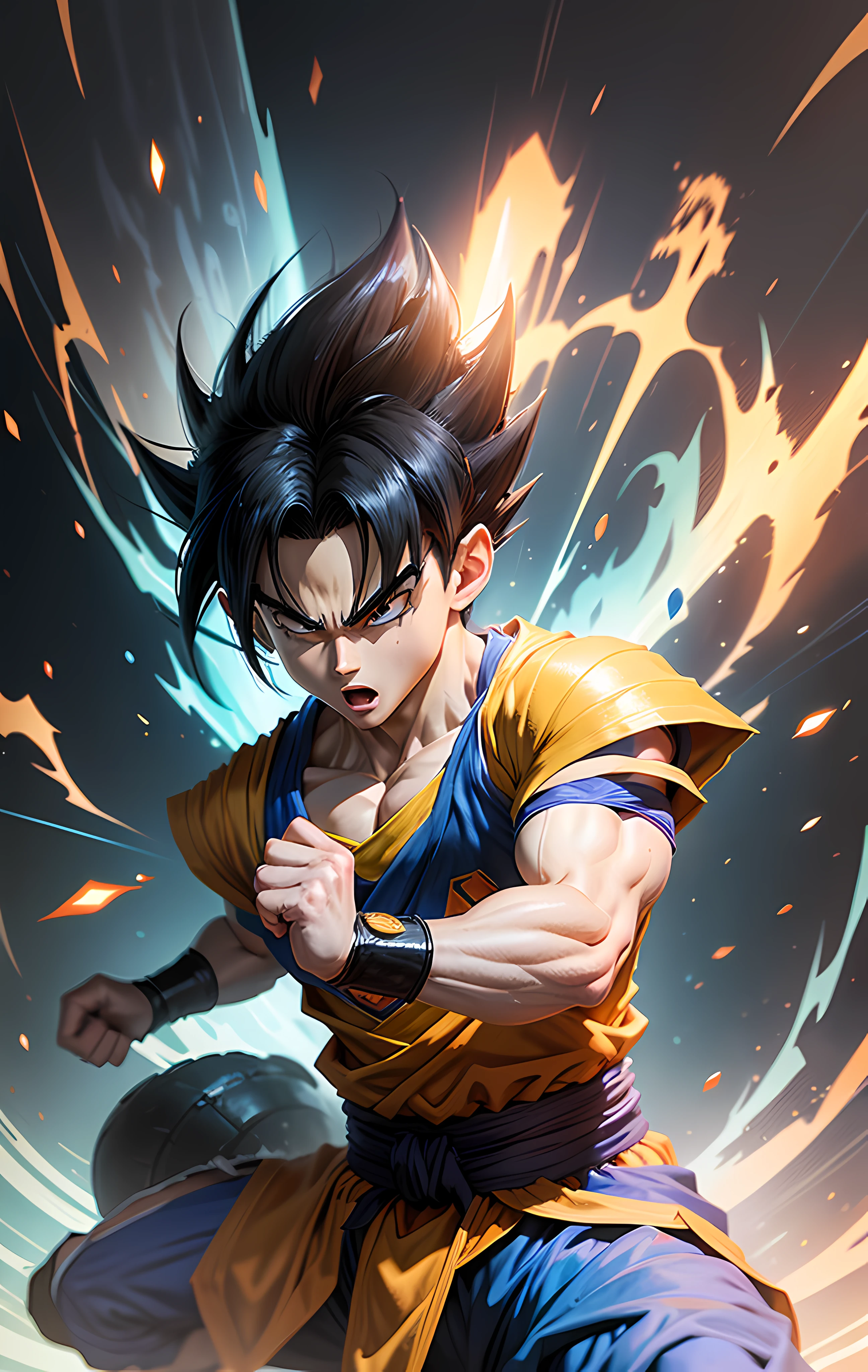 a cartoon image of a very young gohan with black hair, transforming into super blue saiyan, son goku, dragonball character,