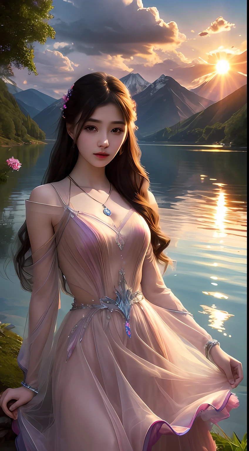 Best quality,Masterpiece,ultra-detailed high res,(Photorealistic:1.4),RAW photo,,illustration,1 girl, Serene expression, mesmerizing eyes, straight long hair, floating dress, poised posture, Porcelain skin, Subtle blush, crystal pendant BREAK, prime time, (rim lit):1.2, Warm tones, Sun flare, Soft shadows, Vibrant colors, painterly effect, dreamy atmosphere scenic lake, Distant mountains, willowy, Calm water, Reflection, Sunlit clouds, tranquil ambiance, Idyllic sunsets, Ultra detailed, offcial art, Unity 8k wallpaper,
