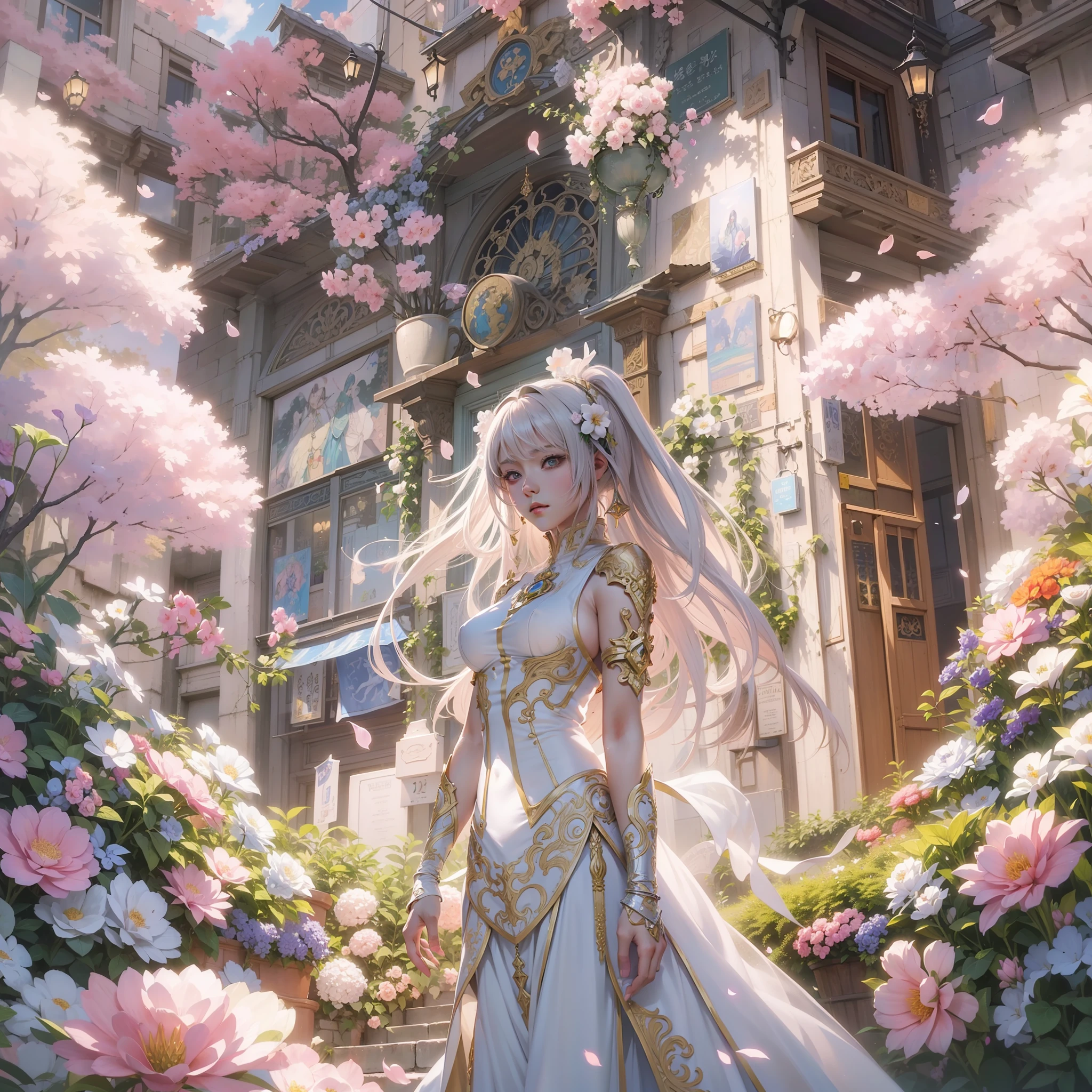 Woman in white dress standing in front of building with lots of flowers, anime fantasy artwork, anime fantasy illustration, a beautiful artwork illustration, beautiful anime artwork, elaborate digital art, intricate ornate anime cgi style, anime art nouveau cosmic display, beautiful anime art, beautiful digital works of art, beautiful fantasy anime, Detailed anime artwork, Detailed Digital Anime Art, dreamy psychedelic anime