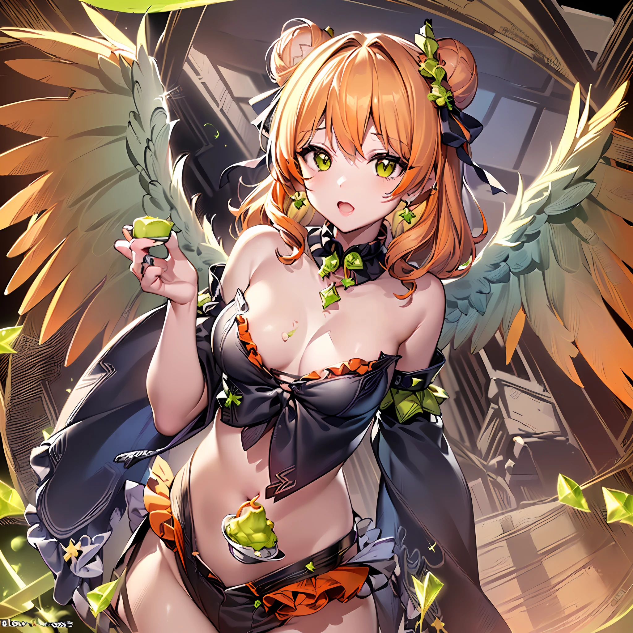 (masutepiece) ((Kaleidoscope)) ((Harmonious)) (ultra-quality) (very exquisite) (Professional Balance) (absurderes) (Wide Shot) (1人の女性) ((Upper body)) ((fullllbody)) ((G Cup Breasts)) (Fine-grained body lines) ((realisitic:0.75)) (zettai ryouiki) (Hi-Res Textures) (Clearly draw the shape of the nose) ((Exposure 1:0.25)) (((Shiny skin))) (X Hair Ornament) (Ornament Heart(Bracelet、gargantilha、ear ornament) (((((Beautiful little bun hair in yellow color))))) (Wave hair) (Quality and beautiful finger placement) (Fine, Beautiful clean hands) (It clearly depicts the reflection of small white light in the pupil, which adds depth to the pupil) (((top-quality、Elegant yellow detail eyes))) (((Ultra Definition Masterpiece Highest Quality:1.2 4DCG high quality))) (Highly detailed face and eyes) (24-year-old woman) (Model body type) (Slender and long legs) (A slender) (mascara) (eyeshadows) (eye liner) (Glossy lipstick) (lip stick) (((((Brown × Turquoise Ash× Angel Ribbon× Micro Micro Bikini × Ruffles))))) (((G-cup emphasis))) (((NSFW1:1))) (G Cup Cow) (((((Boob Pudding G Cup))))) (Hold in your arms) (Photorealsitic) (8K Character Concept) (((32K HD image quality...)) (conputer graphics) (angelicales、pastels、Feather 1:1.5) (((((Black Yellow Diamond Wing))))) (Freedom of movement、evolve) (Garter belt ruffle frills) (((Add charms to the background))) ((((angelicales)))) ((((Angel's Big Wings 1:1))) Fluffy (((((Background studded with orange peridot)))))
