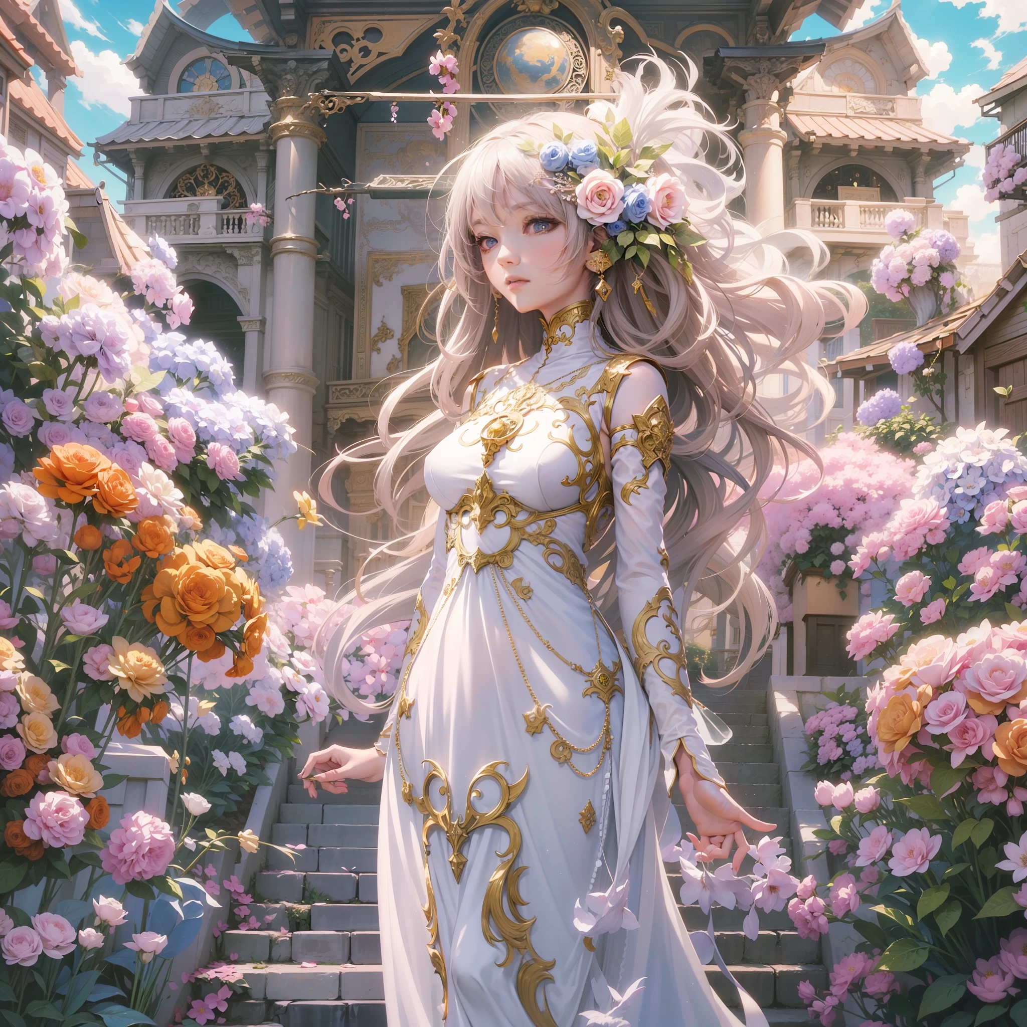 Woman in white dress standing in front of building with lots of flowers, anime fantasy artwork, anime fantasy illustration, a beautiful artwork illustration, beautiful anime artwork, elaborate digital art, intricate ornate anime cgi style, anime art nouveau cosmic display, beautiful anime art, beautiful digital works of art, beautiful fantasy anime, Detailed anime artwork, Detailed Digital Anime Art, dreamy psychedelic anime