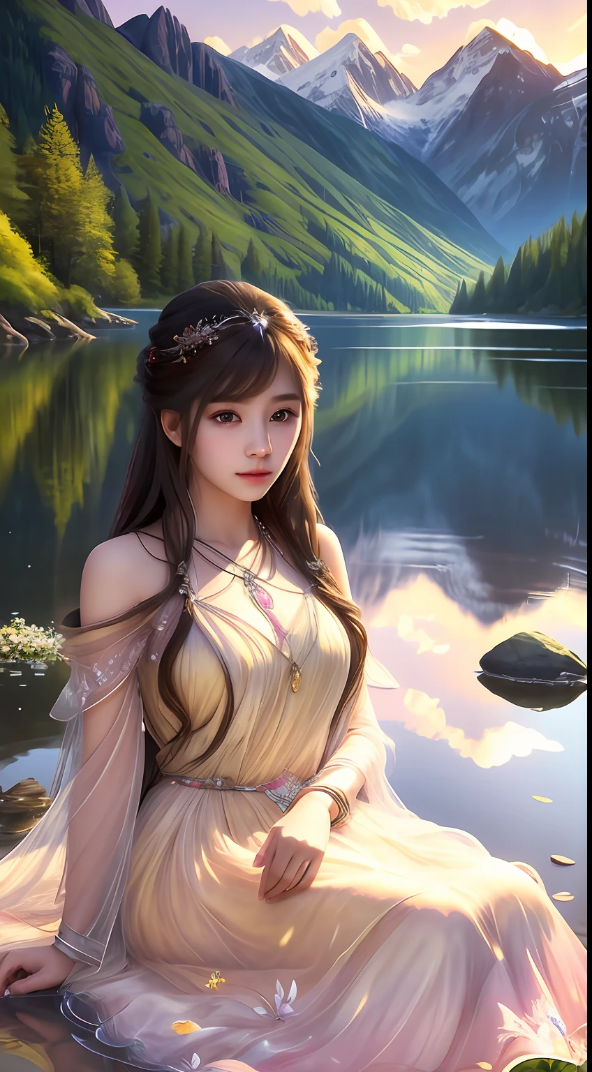 Best quality,Masterpiece,ultra-detailed high res,(Photorealistic:1.4),RAW photo,,illustration,1 girl, Serene expression, mesmerizing eyes, straight long hair, floating dress, poised posture, Porcelain skin, Subtle blush, crystal pendant BREAK, prime time, (rim lit):1.2, Warm tones, Sun flare, Soft shadows, Vibrant colors, painterly effect, dreamy atmosphere scenic lake, Distant mountains, willowy, Calm water, Reflection, Sunlit clouds, tranquil ambiance, Idyllic sunsets, Ultra detailed, offcial art, Unity 8k wallpaper,